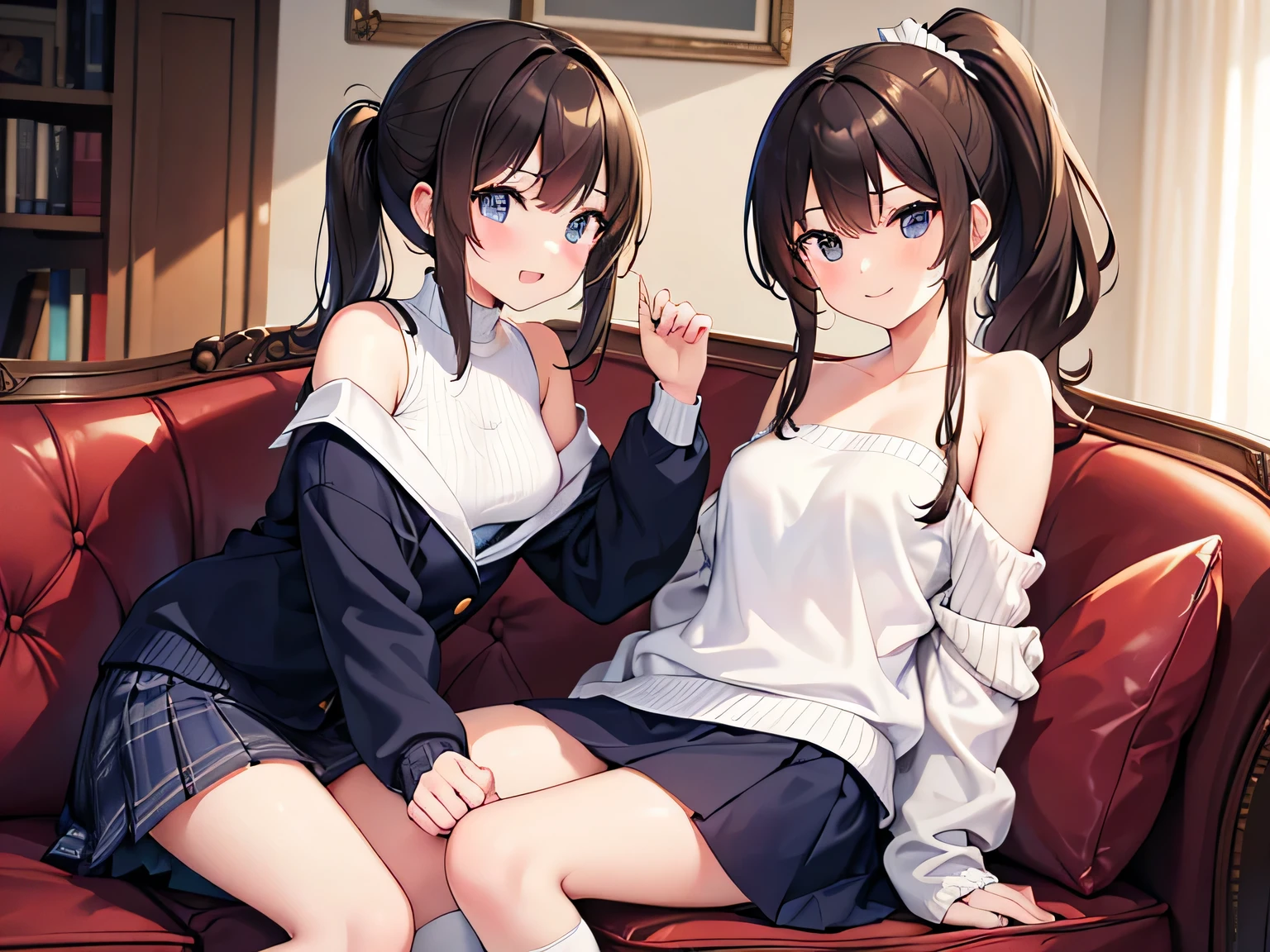 (Masterpiece, top quality, high resolution, realistic photo, realistic looking skin:1.1),
(Two women are sitting on a sofa in an apartment living room:1.8),
(The women have provocative, grinning, smiling expressions:1.5),
(The first woman is 23 years old, mature looking, dressed in a white long-sleeved off-the-shoulder knit and navy blue miniskirt, wearing white high socks, with medium brown hair:1.8),
(The second female is an 18-year-old high school student wearing a high  blazer and mini-skirt attire with navy blue high socks and black hair in a medium ponytail:1.8),
(Located on a sofa in the living room of an apartment:1.5),
Full-bodied esbian, beautiful eyes, glowing eyes, glowing thighs, NSFW.