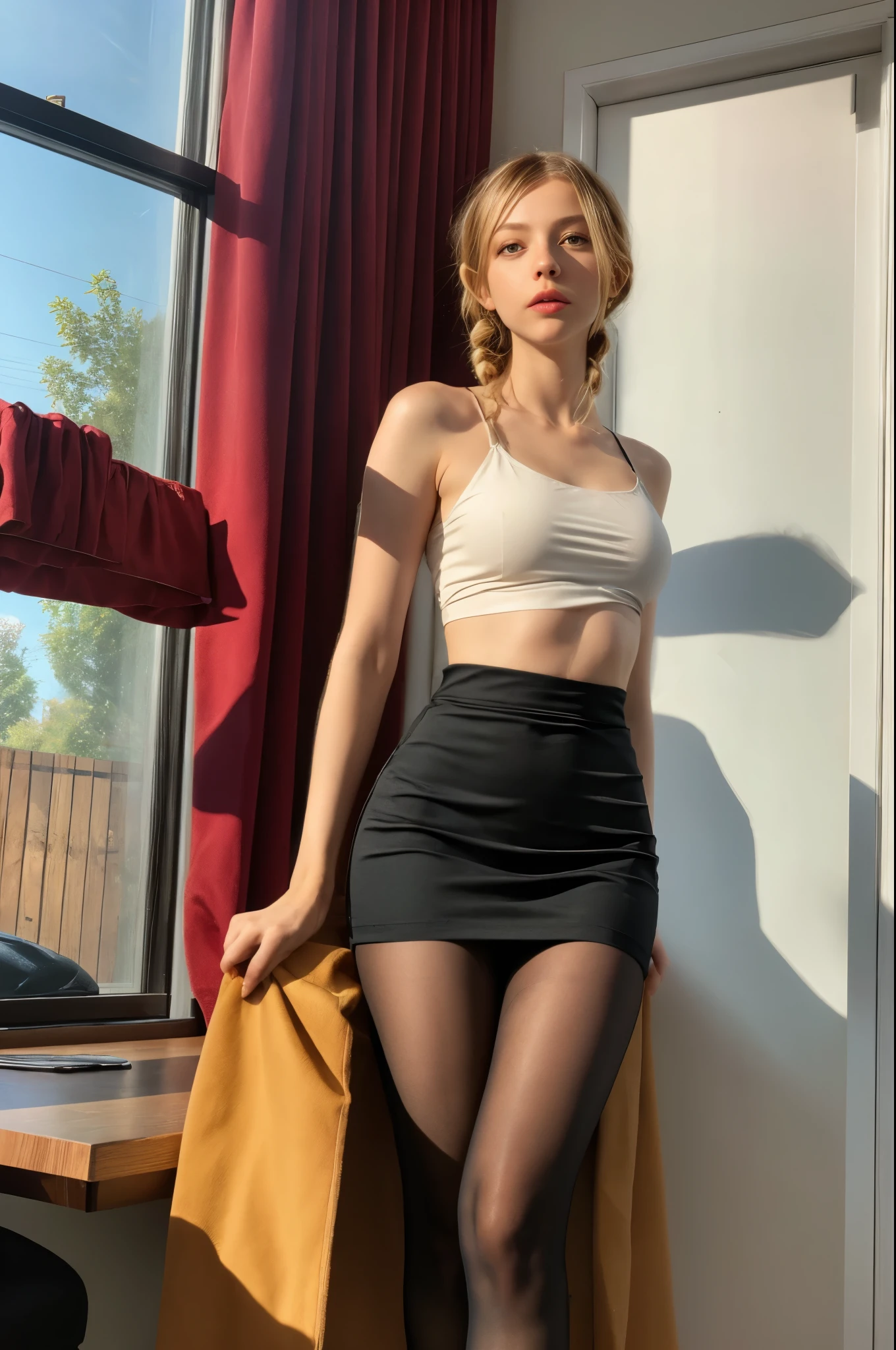 masutepiece, Beautuful Women, ((Ester Exposito):1.3), ((dasha taran):1.6), (Fantasy Library Background):1.5,Cute office girl, has long, ((Hair tied in a loose bun):1.6), silky blonde hair, deep blue eyes that reflect a mixture of submissiveness and desire. here face is characterized by natural beauty, with soft cheekbones and sensual full lips, always ready to give pleasure. Woman wearing business clothes, blazer formal, blusa branca, black high-waisted business skirt, black sheer pantyhose, Beautiful, master part, melhor qualidade, Rosto extremamente detalhado, perfect lighting, nice hands, perfect hands, (cabelos brancos:1.2), cabelos longos, (Olhos cinzentos:1.2), slender build, pernas longas, fino, medium breasts, business woman, CEO, Sitting on Luxury Black Leather Office Chair, Janela moderna gigante com vista do horizonte noturno da cidade no fundo, Legs, (Skin Texture:1.1), Best Quality, 超A high resolution, (Photorealistic: 1.4), Raw photo, ellen von unwerth, nikon d850 film stock photograph, F1.6 lens, Rich colors, Realistic, cinestill 800, Backlight, Rim lighting, Studio Lighting, Erotic Photography
