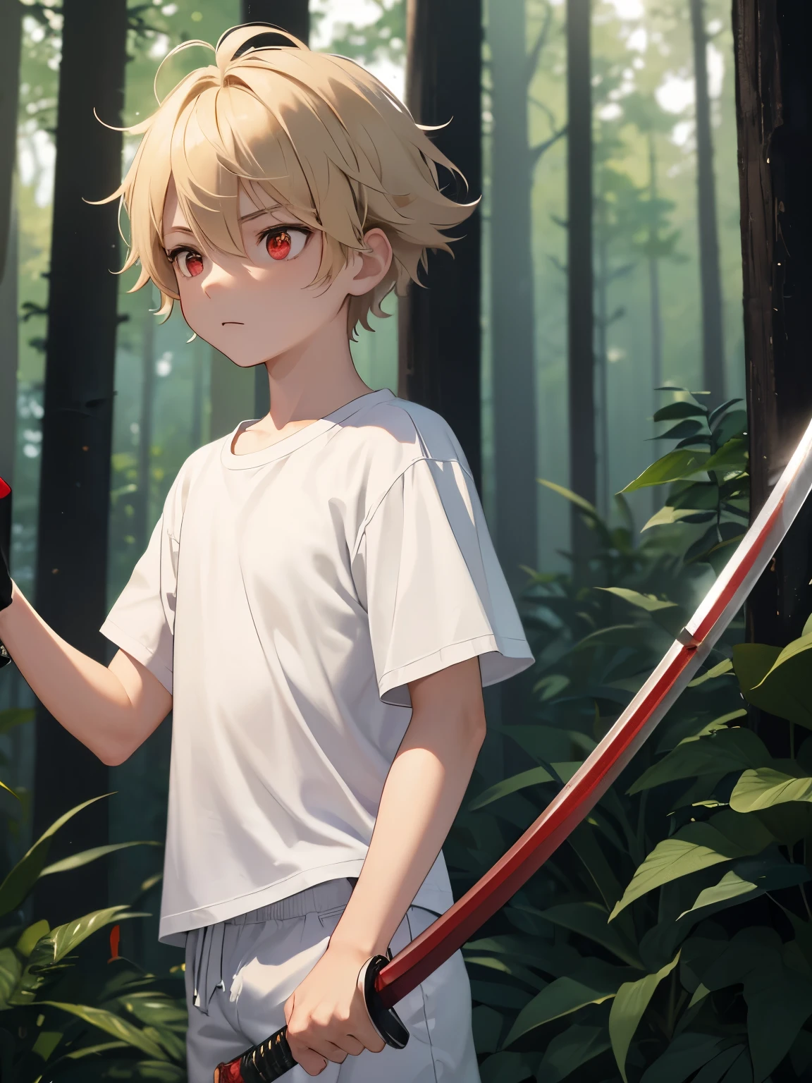 1 boy, very thin 6 years old,holding a katana, chopping sword, ,Short blond hair,Chill,dirty hair, shirtless,Plain T-shirt,short white swimming trunks eyes, bright red eyes,,In the woods