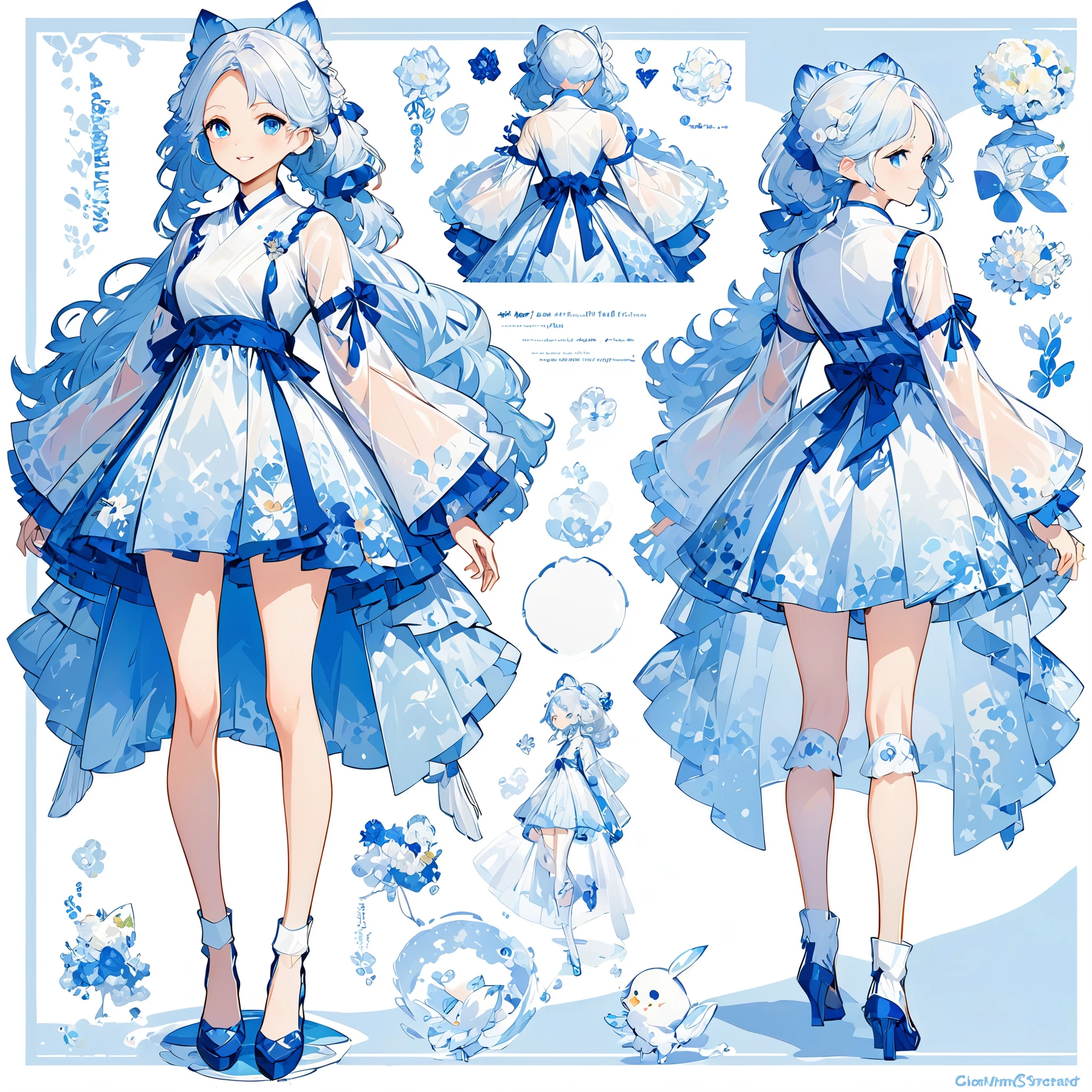 character design sheet,fullbody,outfit design,clear,front,back,blue color,white color,fuffly,elegant