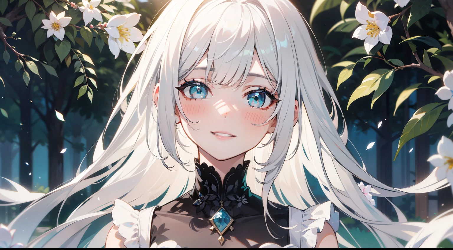 grey haired woman, light teal eyes that fade into yellow, blushing, smiling, beautiful detailed eyes, beautiful detailed lips, black and white dress, gazing at the viewer, aesthetic garden background, soft sunlight, medium:oil painting, ultra-detailed, vivid colors, highres, studio lighting, physically-based rendering,bokeh.