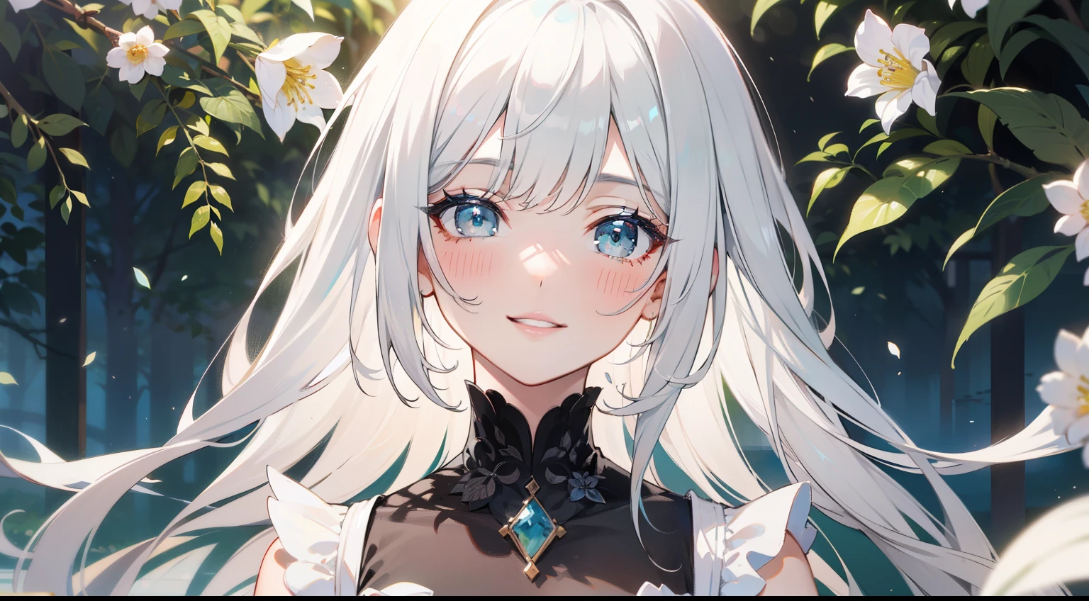 grey haired woman, light teal eyes that fade into yellow, blushing, smiling, beautiful detailed eyes, beautiful detailed lips, black and white dress, gazing at the viewer, aesthetic garden background, soft sunlight, medium:oil painting, ultra-detailed, vivid colors, highres, studio lighting, physically-based rendering,bokeh.