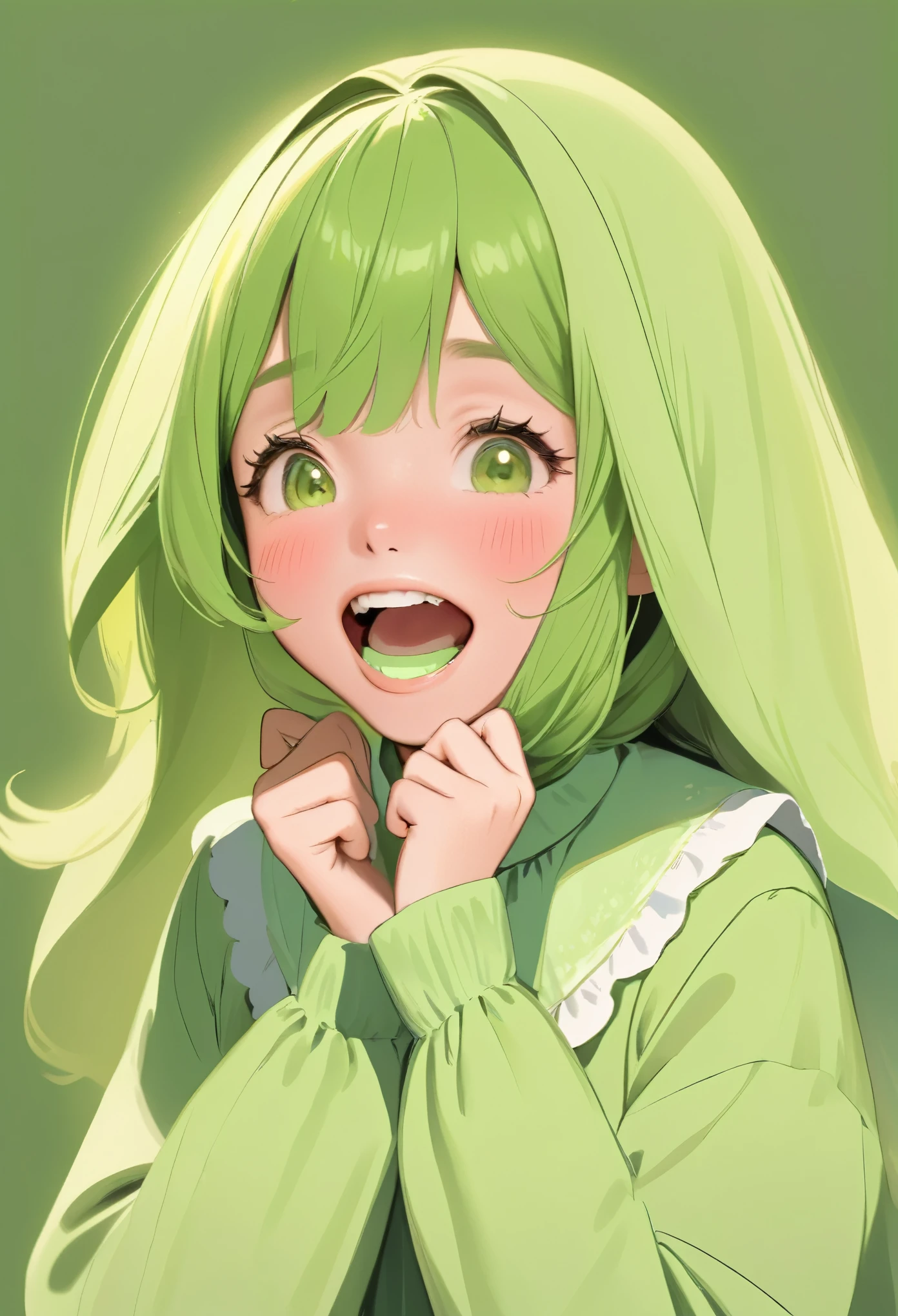 A ite girl of 15 aring light green period clothing,Cover your mouth and laugh
