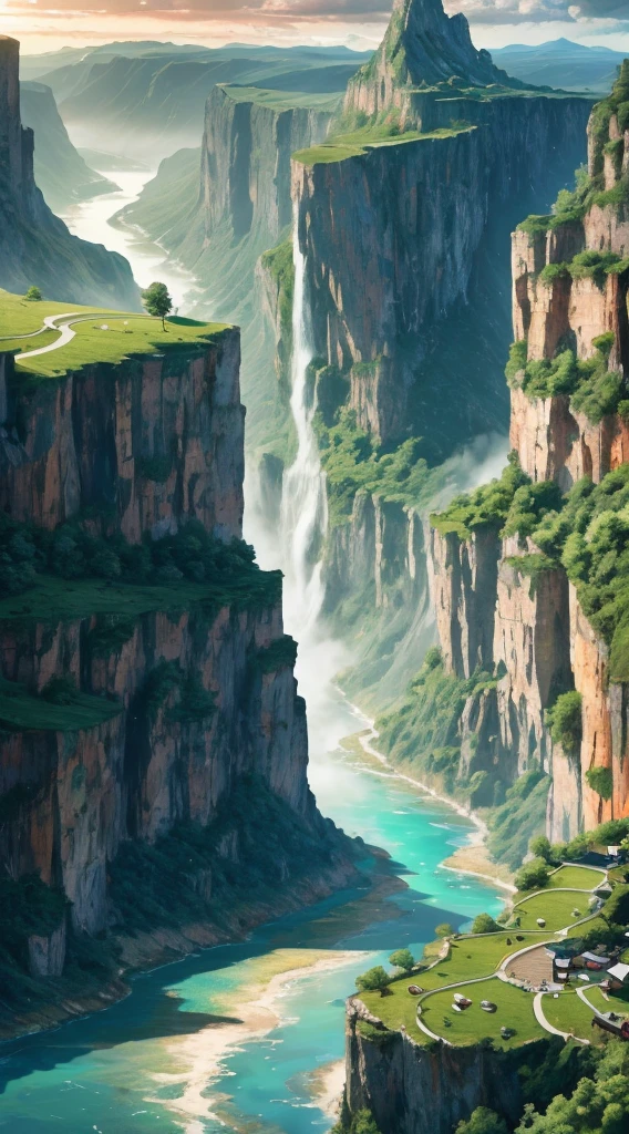 Masterpiece, ultimate quality, Cg unity 8k wallpaper, super delicate, beautiful sky and clouds, rich natural scenery, cliffs, lakes and rivers, waterfalls and flying water, beautiful green mountains, no trace of people, excellent scenery, has already won a photo contest, background Blurring, full depth of field, HDR high dynamics, true restoration, intricate, extreme details, dramatic presentation, perfectly presenting the style of midjourney art.