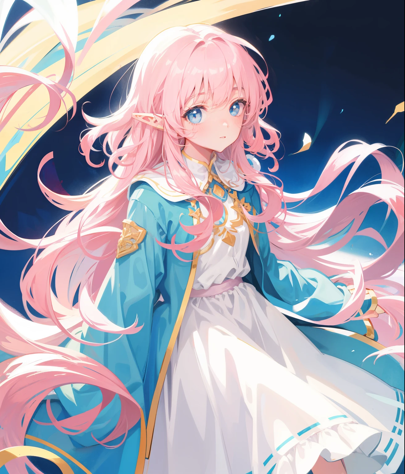 Long light pink slightly curly hair, Light blue eyes, elf ears
