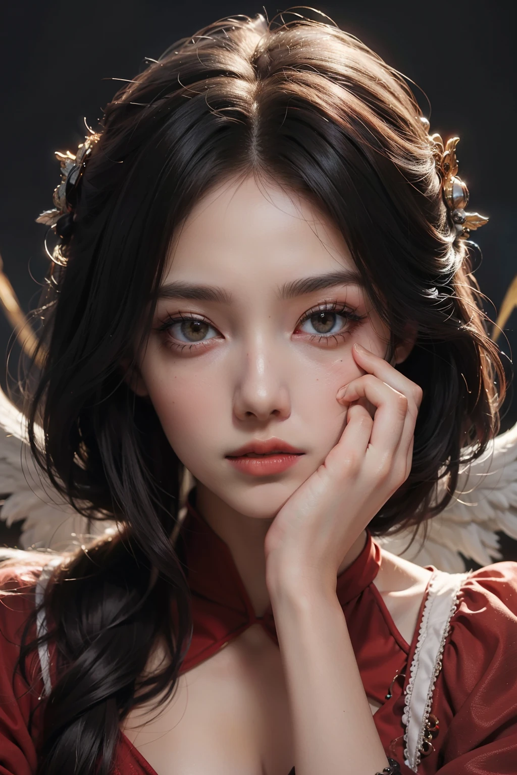 ((best quality)), ((masterpiece)), (detailed), perfect face, a half vampire queen and half angel , facing rightways, looking into the top corner, deep in thought, red dress, one black wing and one white wing, vampire tooth is showing, hands are touching lips, thinking, heavenly and vampiric aura mixed.