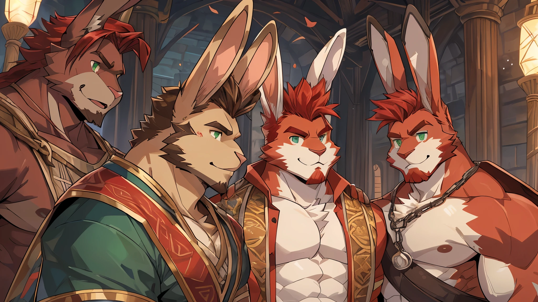 (perfect face, bara furry, rabbit man, big body, cardinal skin, short quiff red hair, green eyes, perfect eyes, big rabbit ears, handsome, in the kingdom) with (perfect face, bara furry, rabbit man, big body, light brown skin, short quiff red hair, green eyes, perfect eyes, big rabbit ears, handsome, in the kingdom)