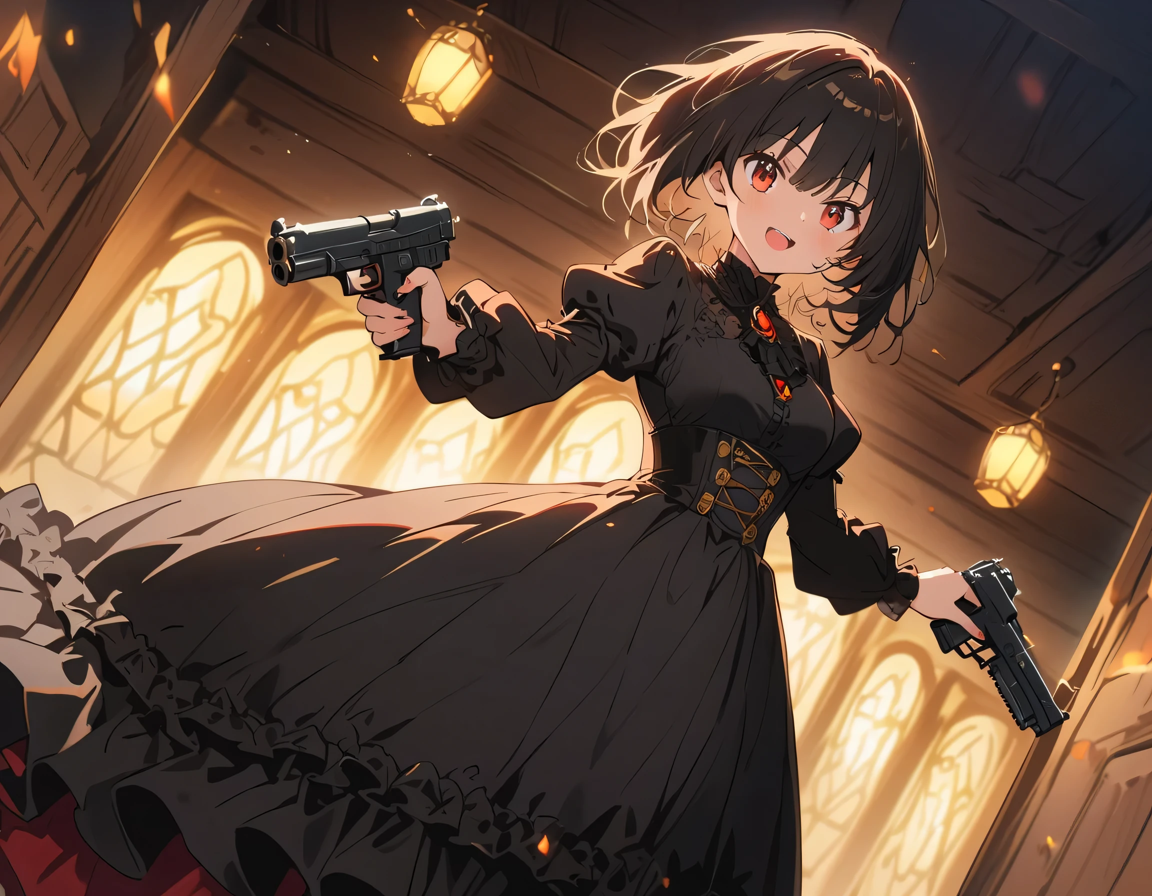 1 beautiful girl、Rin々A funny expression、(black victorian dress:1.4、Formal wear)、(Jewelry decoration)、(familiar:1.2)、(Dual pistols:1.6)、Shooting Action、Cool pose、Low waist posture、Complex skirt、steampunk、Full Body, (highest quality、masterpiece、High resolution、detailed)、anime style、Flat Style、High saturation、(Beautiful Eyes, Delicate and beautiful face, ),extremely detailed、(The Shining), Best lighting, Best Shadow、Dynamic Angle、anime