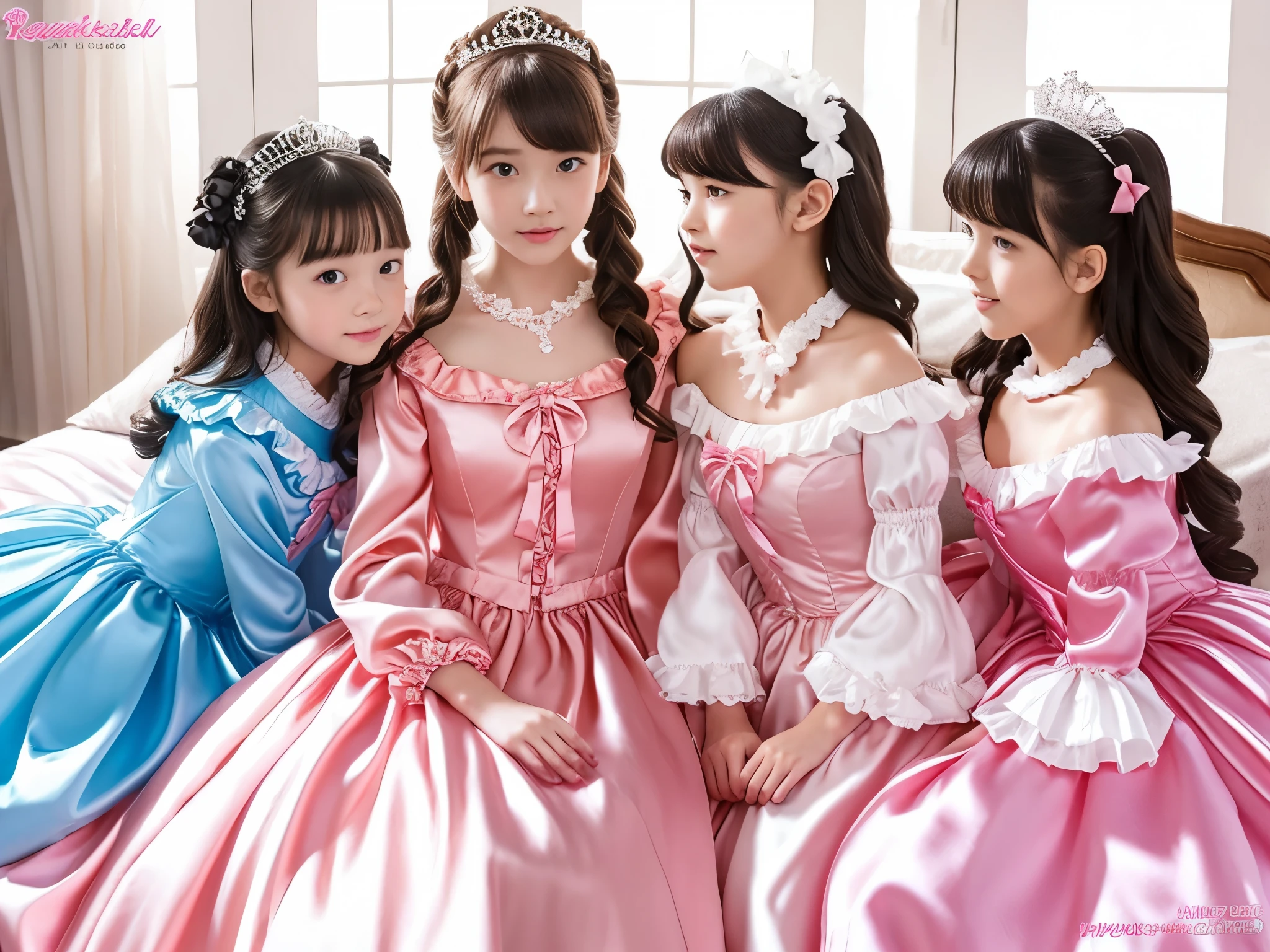,highest quality, masterpiece, Highest Resolution, artwork, super それにGet used to it, many Get used to it, Get used to it, それにGet used to it, 3K realistic photos,,((10 year old little girls)),Super detailed boy's face,The three are princesses,Full length ball gown dress with hoop skirt,Frilled yoke collar,Puff sleeves,Long sleeve,((Lolita style hot pink detailed princess satin dress with lots of frills and bows)),Rococo Lolita Fashion,shiny satin dress,Soft and smooth fabric,luxury,Long blonde hair,blue eyes,white skin european,pajamas,((In the bedroom)),High quality princess canopy bed,Lying in bed,Many silk satin ruffled pillows on a bed,