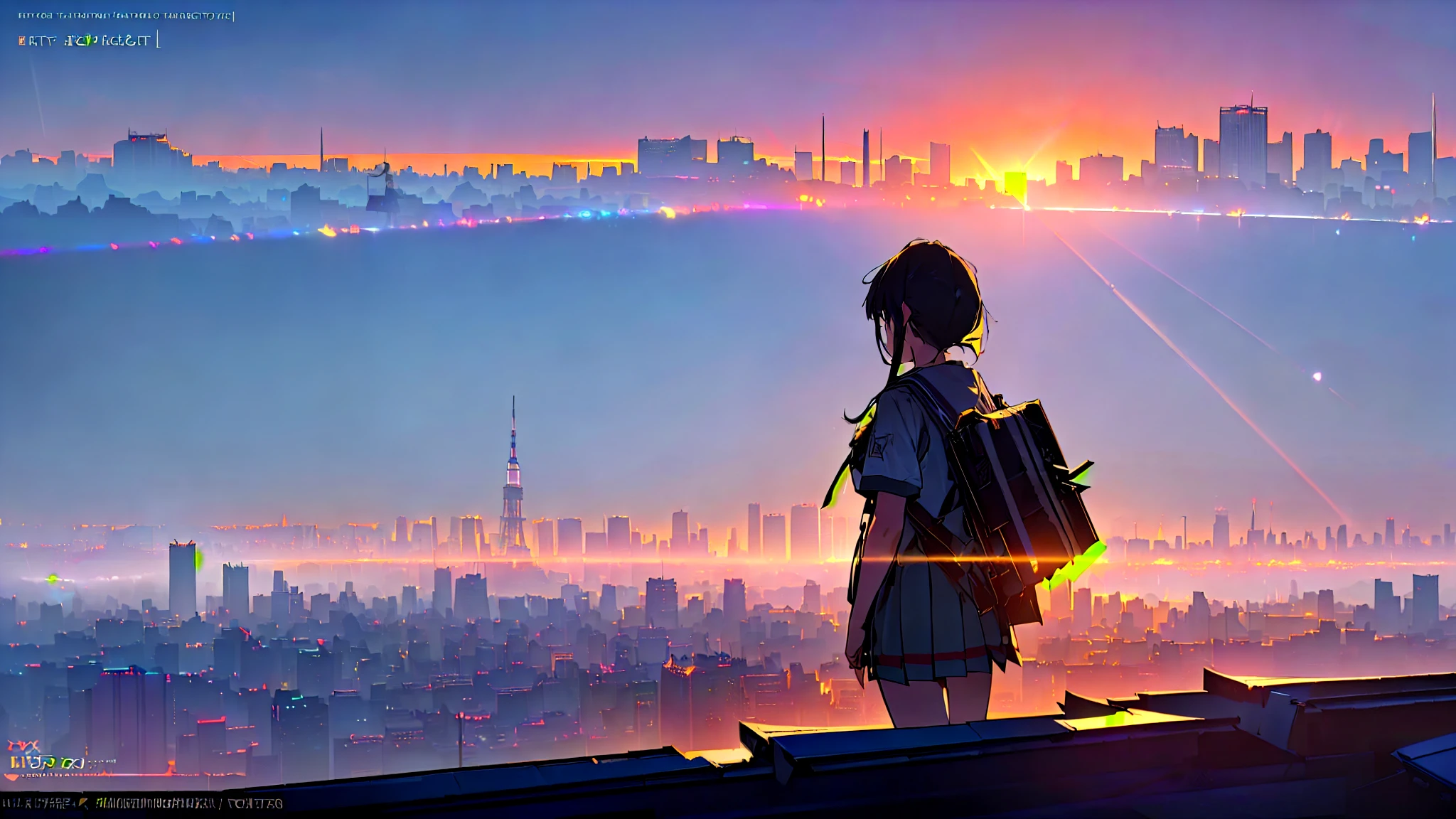 realistic, (Majestic Tokyo city landscape:1.4), (A school girl:1.3) standing on (shool roof:1.3), (staring into the vast expanse of City:1.4), (A colossal city:1.5) rising above the horizon,  glowing in the foreground, (Highly detailed:1.4), (Intricate:1.3), (Sharp focus:1.2), (Cinematic lighting:1.4), (Dramatic shadows:1.3), (Rich color palette:1.4), (Complementary colors:1.3), (Volumetric light rays:1.3), (Atmospheric haze:1.2), (8k resolution:1.3), (Octane render:1.4), (Ray tracing:1.3), (HDR:1.2), (Photorealistic:1.4), (Masterpiece:1.5), (Award-winning:1.4), (Trending on Artstation:1.3), (Physically-based rendering:1.3), (Subsurface scattering:1.2), (Global illumination:1.3), (Caustics:1.2), (Hyper-detailed textures:1.4), (Awe-inspiring:1.5), (Sense of wonder:1.4), (Thought-provoking:1.3), (Emotionally impactful:1.4)