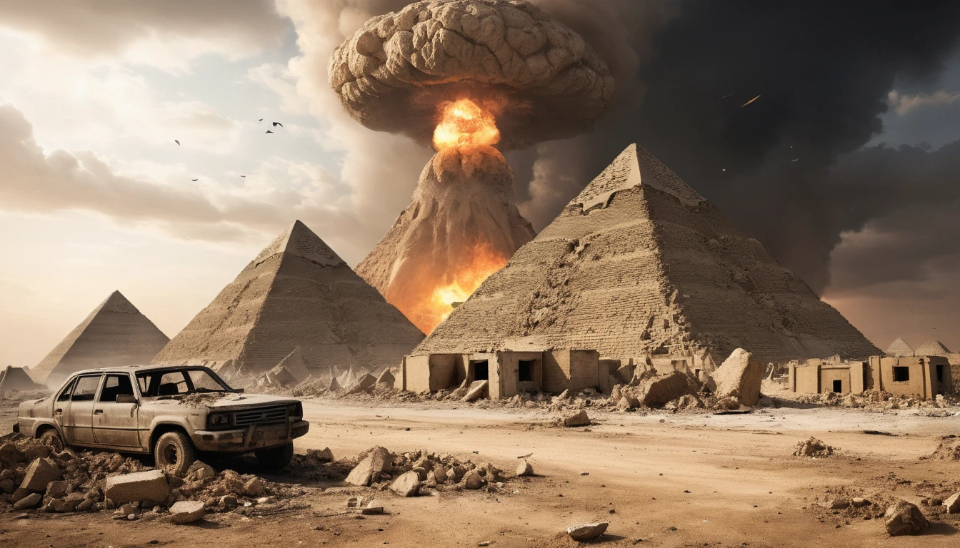 "Create an ultra-realistic scene depicting the pyramids of Egypt in a post-apocalyptic setting following a nuclear bomb attack. The scene should showcase a desert landscape with skulls scattered in the sand, a darkened sky overhead, and ruins in the background. The pyramids should show signs of damage from the explosion, with debris strewn around the area. Use a blurred background to create depth and focus attention on the central elements of the scene. Pay meticulous attention to detail to immerse viewers in the bleak aftermath of destruction."