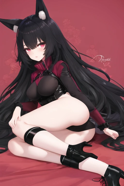 Pelo largo hasta las rodillas, pelo negro, ojos celestes, labios rojos, tetas grandes, con poca ropa, con camiceta, con falda roja y lineas negras, medias altas , con zapatos botines. Hentai