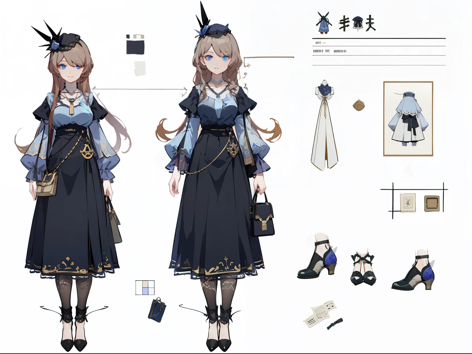 (Masterpiece, best quality) detailed, very long red hair, beautiful blue eyes, character sheet, character sheet, many items (same person, dress, necklace, lace, bow, hat, handbag, shoes, fan, decoration, many parts), aristocratic woman, gentle, cute, good-looking skirt, full of details