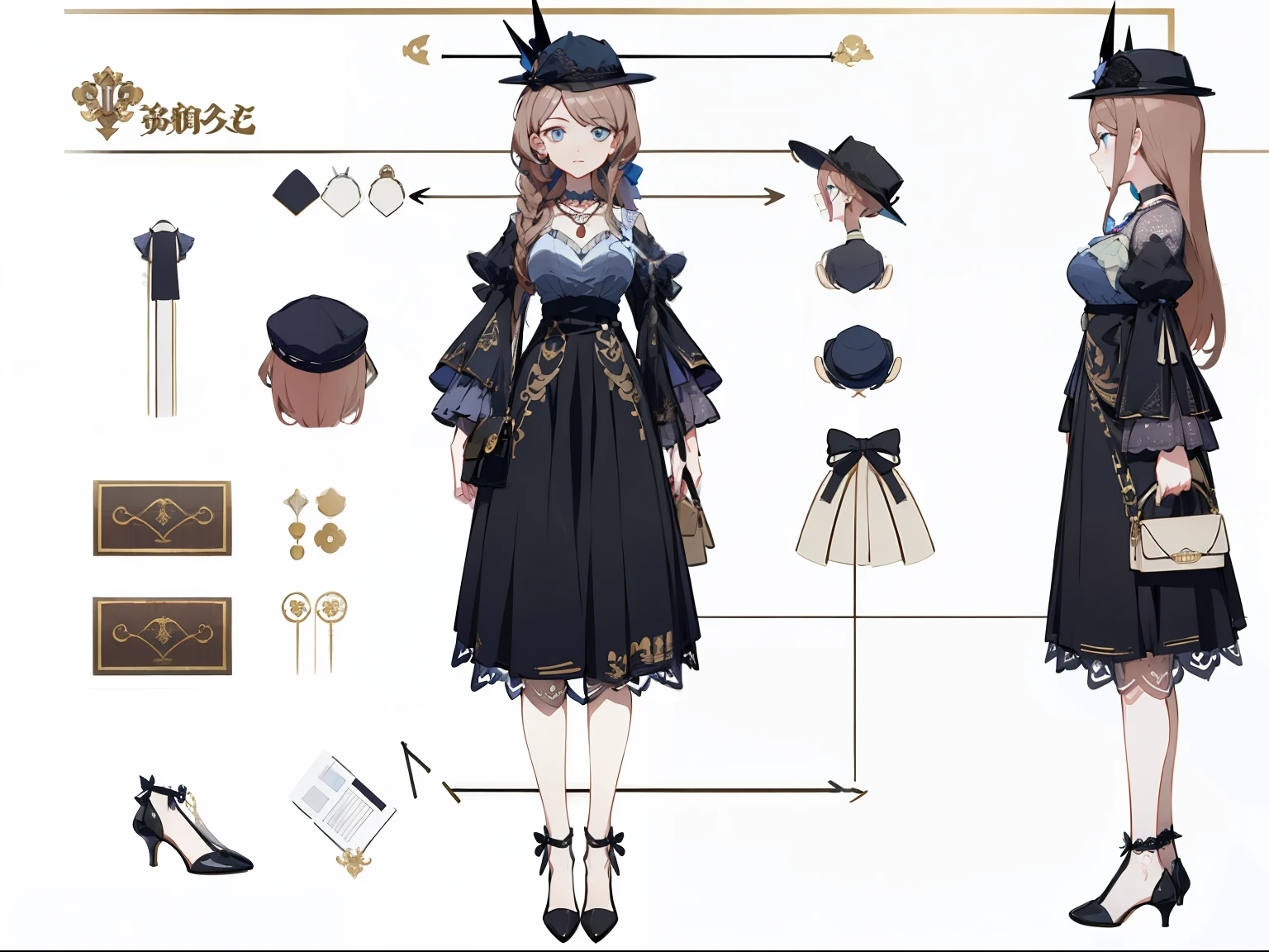 (Masterpiece, best quality) detailed, very long red hair, beautiful blue eyes, character sheet, character sheet, many items (same person, dress, necklace, lace, bow, hat, handbag, shoes, fan, decoration, many parts), aristocratic woman, gentle, cute, good-looking skirt, full of details