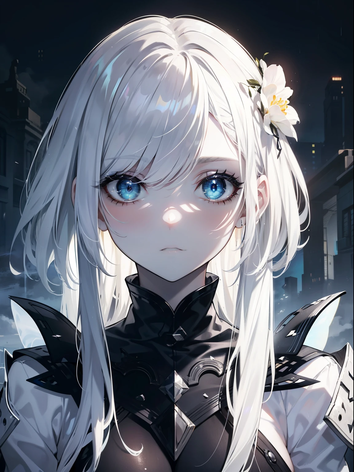 (masterpiece,best quality,ultra-detailed), 1girl, light teal eyes that fade into yellow, grey hair, white skin, glowing skin, bright hair, beautiful and detailed face, detailed eyes, in a desolate desert, cloudy, night, shadow, darkness(grey theme)
