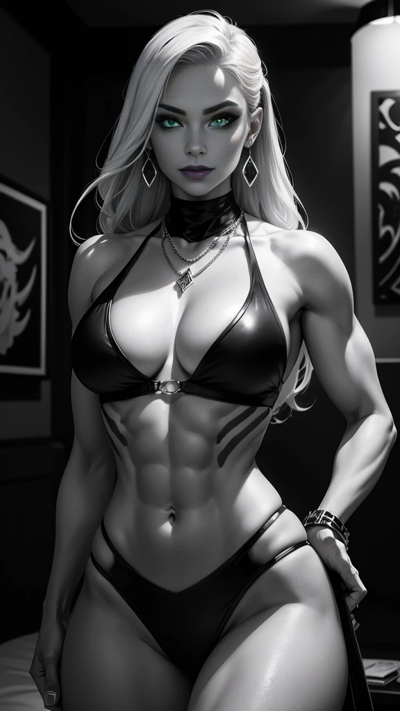 (megan fox), Lady Death, female bodybuilder physique, seductive face, seductive look, (black silk leotard & thigh highs), long white hair, perfect muscular body, long thin legs, white eyes & skin, muscular bulging pecs, (huge muscular shoulders:1.45), (torso shot), (blank background:1.25), MeganF_SoloTI_v1