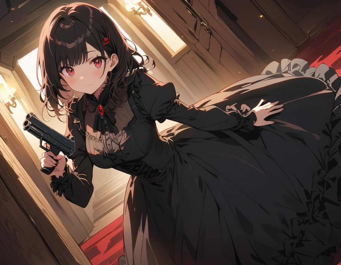 1 beautiful girl、Rin々A funny expression、(black victorian dress:1.4、Formal wear)、(Jewelry decoration)、(familiar:1.2)、(Dual pistols:1.6)、Shooting Action、Cool pose、Speed、Brave look、Complex skirt、steampunk、Full Body, (highest quality、masterpiece、High resolution、detailed)、animeスタイル、Flat Style、High saturation、(Beautiful Eyes, Delicate and beautiful face, ),extremely detailed、(The Shining), Best lighting, Best Shadow、Dynamic Angle、anime