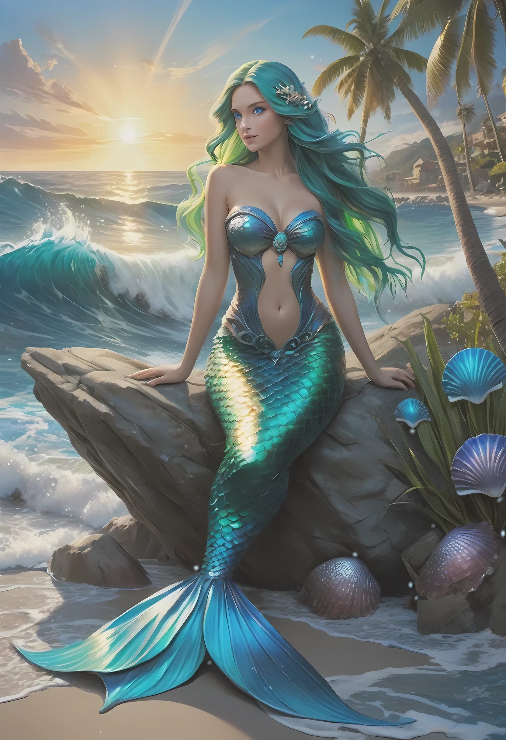 high details, best quality, 16k, [ultra detailed], masterpiece, best quality, (extremely detailed), full body, ultra wide shot, RAW, photorealistic, fantasy art, dnd art, rpg art, realistic art, an ultra wide picture of a mermaid resting on a rock on a blue coast(1.5 intricate details, Masterpiece, best quality) , female mermaid, blue skin, green hair, long hair, swirling hair, intense eyes, small pointed ears, ((blue eyes)), ((glowing eyes)), wearing sea shell clothing, beautiful mermaid, you can see the coast line behind her, the waves hitting the beach, palm trees, the sun is rising from behind her, dynamic fantasy blue beach background ((magical atmosphere)), high details, best quality, highres, ultra wide angle