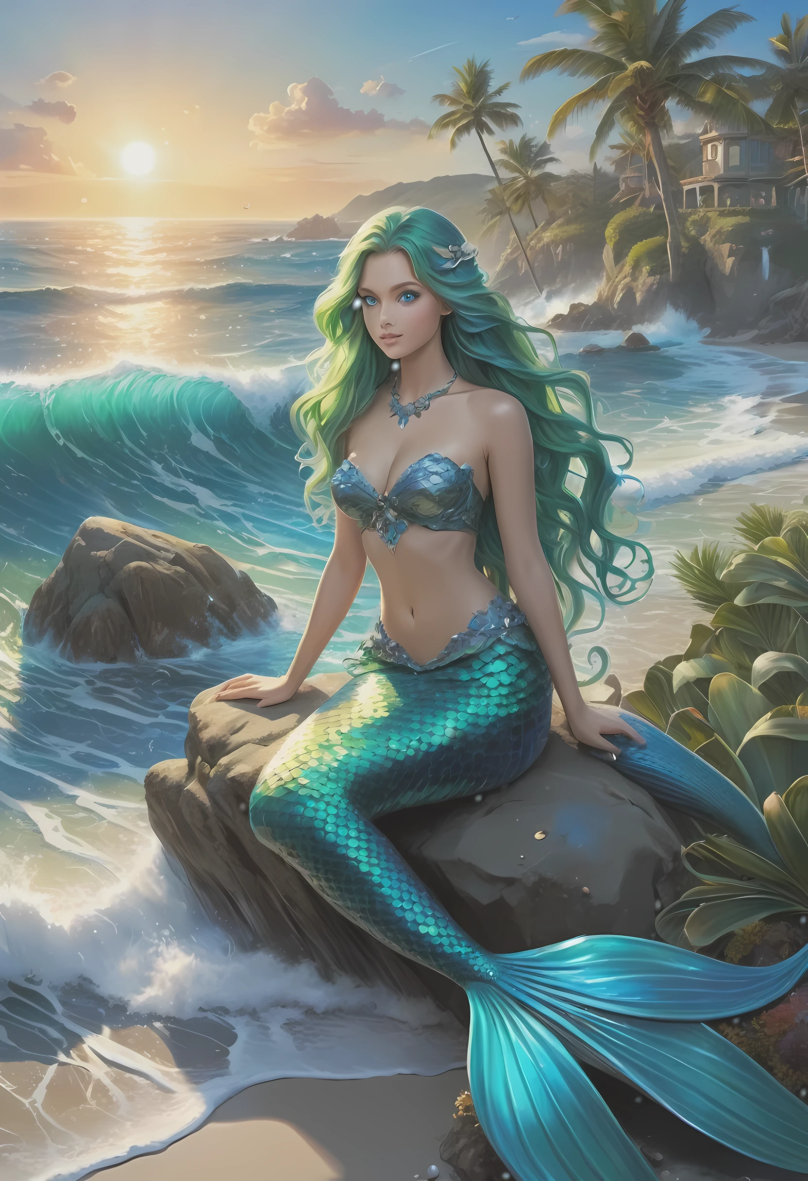 high details, best quality, 16k, [ultra detailed], masterpiece, best quality, (extremely detailed), full body, ultra wide shot, RAW, photorealistic, fantasy art, dnd art, rpg art, realistic art, an ultra wide picture of a mermaid resting on a rock on a blue coast(1.5 intricate details, Masterpiece, best quality) , female mermaid, blue skin, green hair, long hair, swirling hair, intense eyes, small pointed ears, ((blue eyes)), ((glowing eyes)), wearing sea shell clothing, beautiful mermaid, you can see the coast line behind her, the waves hitting the beach, palm trees, the sun is rising from behind her, dynamic fantasy blue beach background ((magical atmosphere)), high details, best quality, highres, ultra wide angle