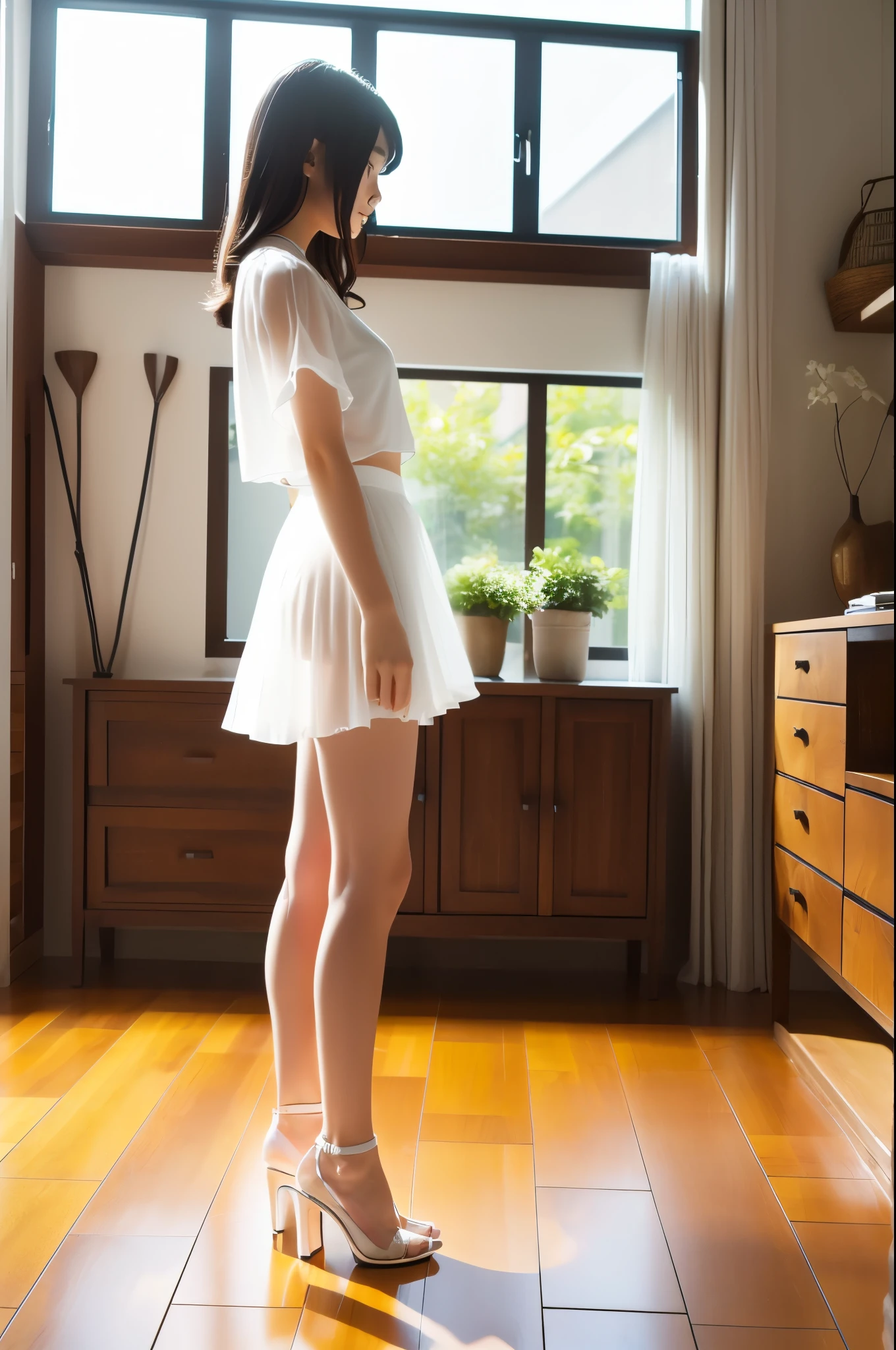 ((Full body:1.2,Voyeur from the side:1.2,from a distance:1.2)),1 Japanese girl,leaning forward on tiptoe,open stance,blushing and embarrassed face,summer casual style,See-through white blouse,See-through white flare skirt,white choker,See-through white Panty,white high heels,slim body shape,from below,realistic,best quality,ultra-detailed,high resolution,beautiful white skin,looking at another,flooring room