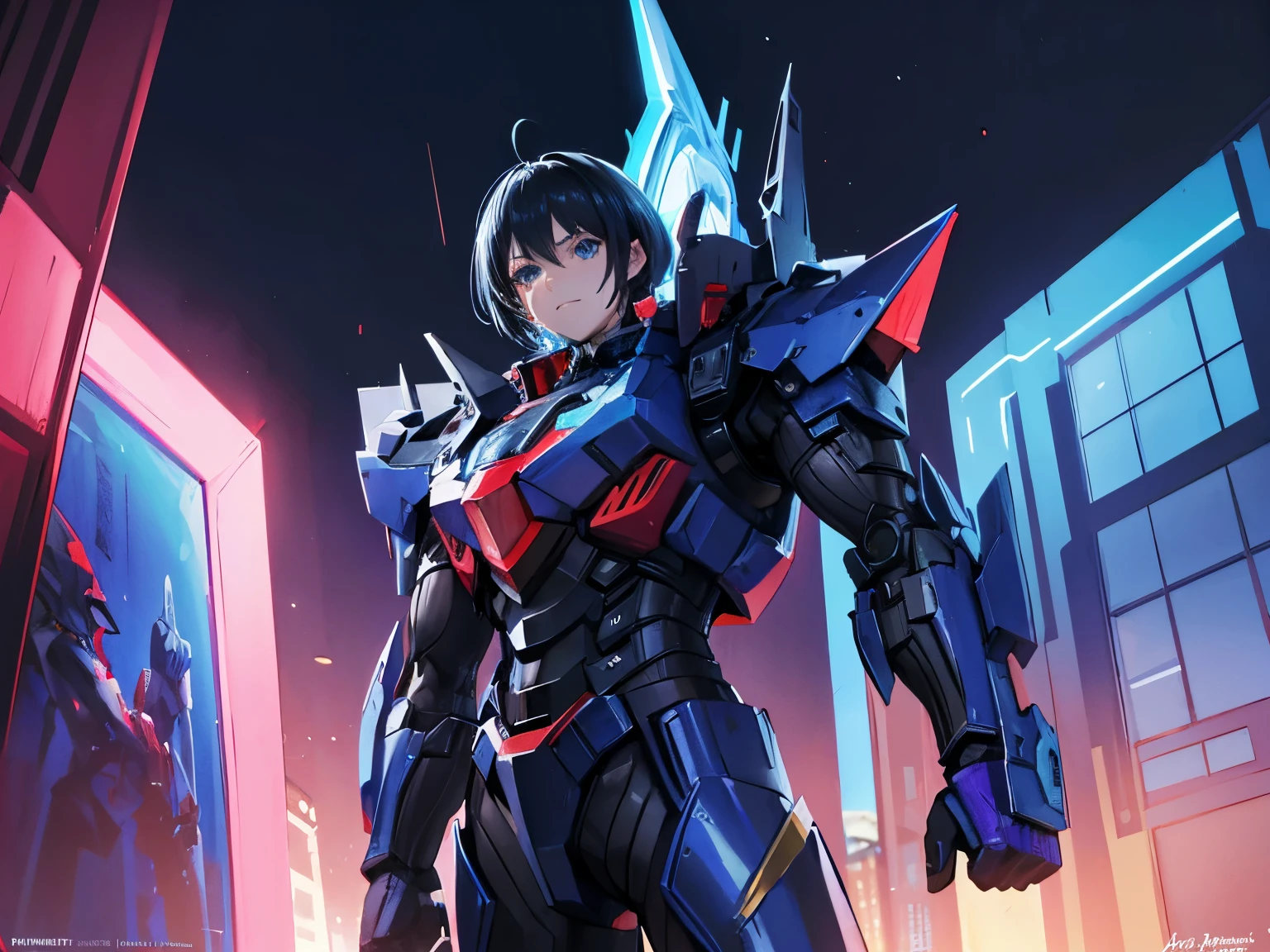 Optimus Prime and Ruka Sarashina, Transformers, Rent a Girlfriend, 1girl, black hair, Blue Eyes, short hair, 1boy, blue, robot, blue eyes. 

Medium: digital art 
Additional details: Optimus Prime stands tall, emitting a powerful aura with metallic armor reflecting the light around him. Ruka Sarashina is standing alongside him, exuding a sense of confidence. The two characters are in a dynamic pose, ready for action. Optimus Prime's iconic blue and red color scheme shines brightly, while Ruka's black hair contrasts beautifully with her blue eyes. The scene is set against a futuristic backdrop, with towering buildings and hints of advanced technology. The atmosphere is intense and filled with energy. 

Image quality: (best quality,4k,8k,highres,masterpiece:1.2), ultra-detailed, (realistic,photorealistic,photo-realistic:1.37), HDR, UHD, studio lighting, ultra-fine painting, sharp focus, physically-based rendering, extreme detail description, professional, vivid colors, bokeh 

Artistic style: concept art, sci-fi, character design 

Color palette: vibrant colors with a focus on blue 

Lighting: dramatic lighting with dynamic shadows, highlighting the characters' features and creating a sense of depth and intensity.