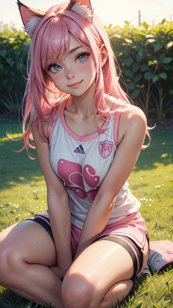 (high resolution, upper body, soft skin:1.2),(best illustration,masterpiece:1.2),ultra-detailed,[(cat ears ,pink inside:1.2),vivid colors,sharp focus,portrait,studio lighting,bokeh, wearing a female soccer jersey and shorts, field background, full body portrait, smiling, sitting on the grass, yoga position