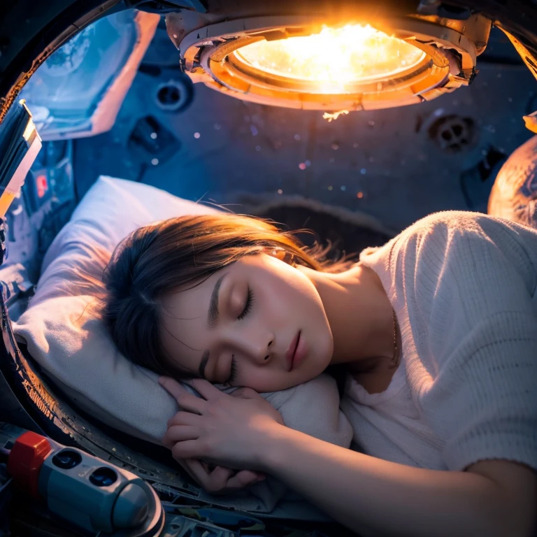 A beautiful girl sleeping in a cold sleep capsule inside an ancient spaceship destroyed by a crash,