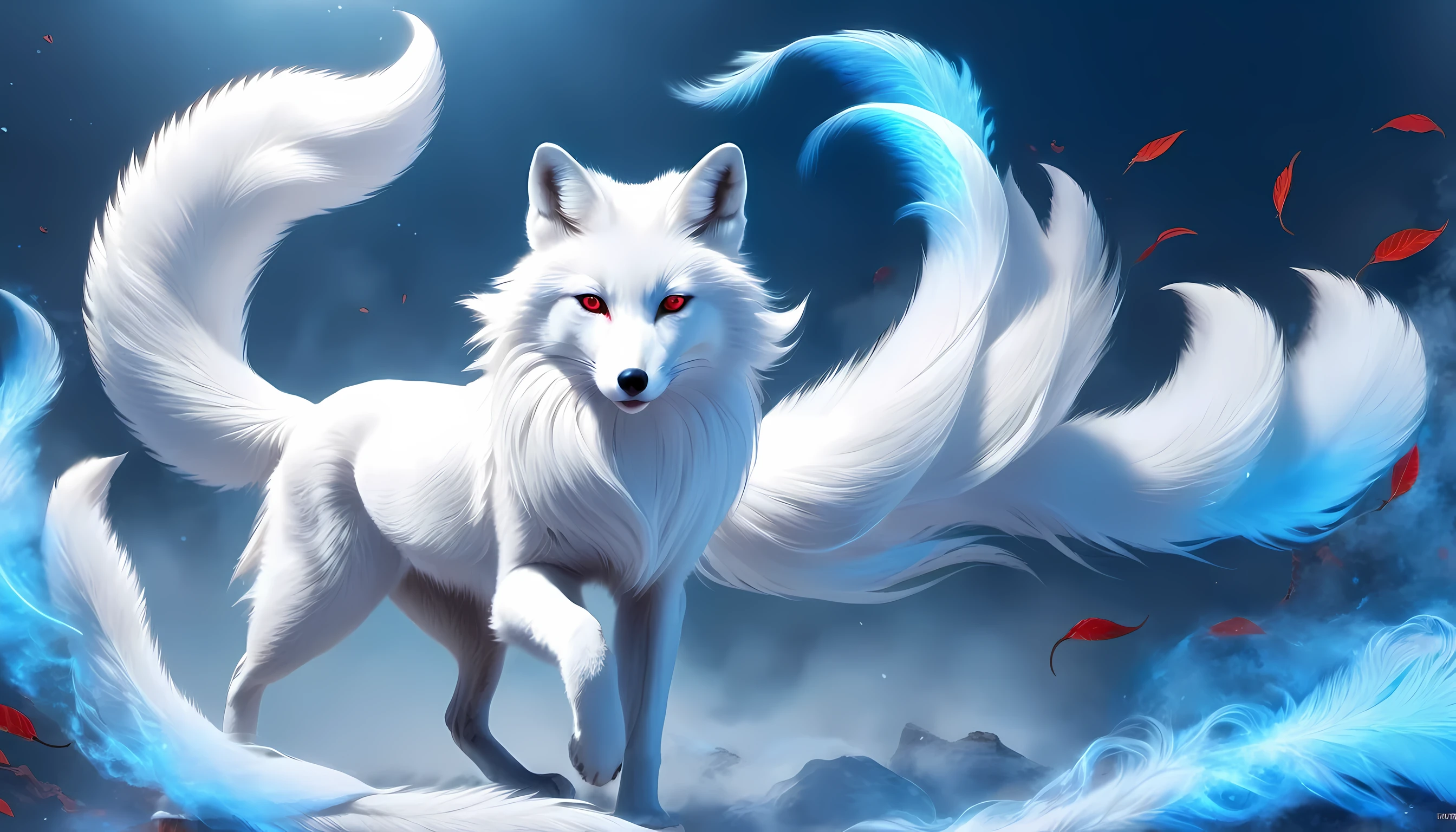 (A white fox with nine red tails in ancient Chinese mythology, Shan Hai Jing), long hair, mysterious legend, Chinese mythology, gorgeous and beautiful hair, (blue eyes), blue eyes, clear fox claws, conceptual art, illustration, 8K, smooth, clear focus,