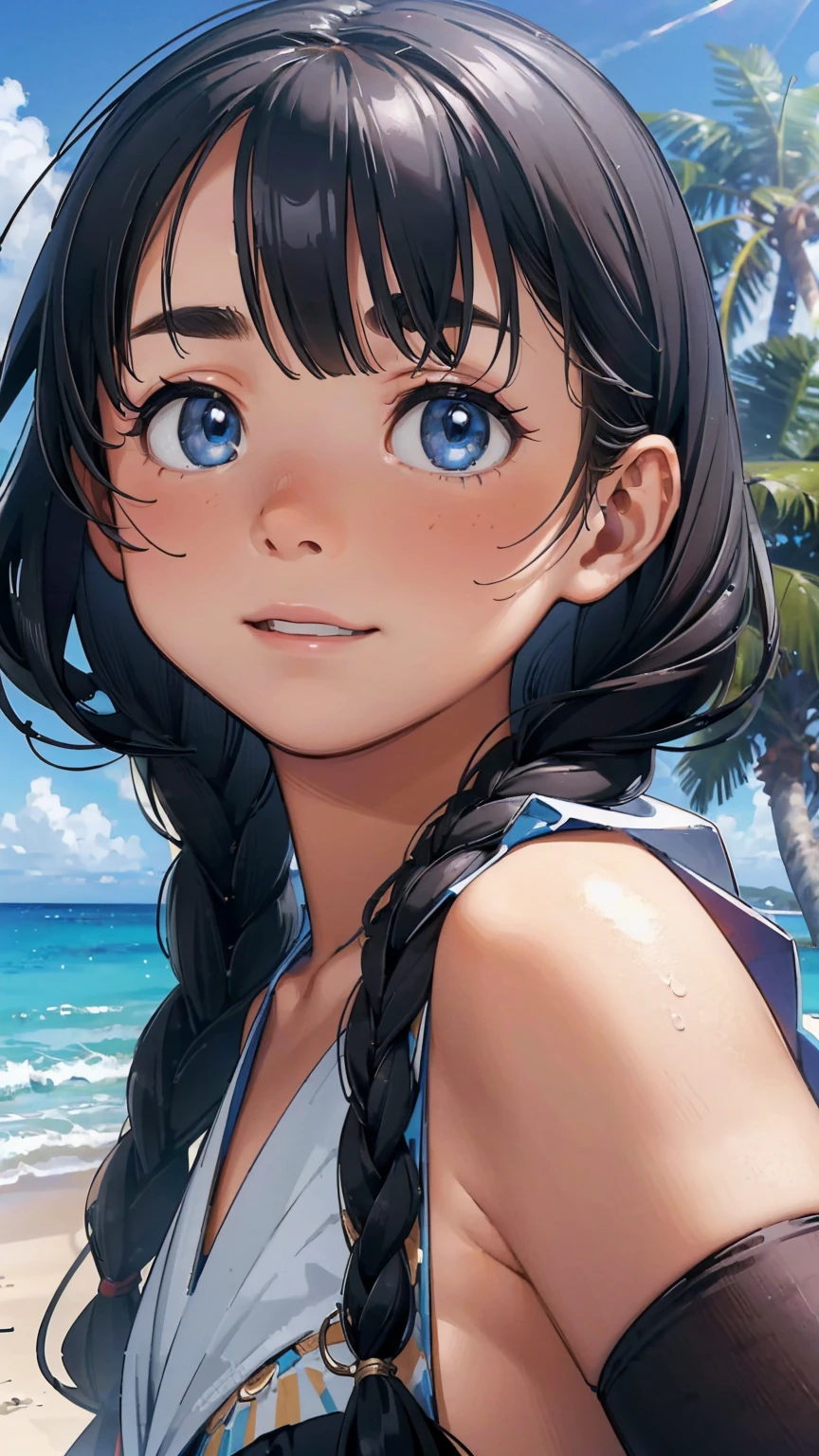 8K quality,(super masterpiece:1.3),highest quality,Detailed Images,1 female,symmetrical beauty,20th Generation,Medium build(Black Hair,Curly Hair,With bangs,Two braids),(Thick eyebrows,Thick eyebrows),(Blue Eyes,blue eyes),(The background is the seaside,beach,Palm tree,Outdoor),(Face directly towards the camera,Looking directly at the viewer,looking at the camera,The body faces the viewer,The body is facing the direction of the camera,Face looking straight into the camera). 