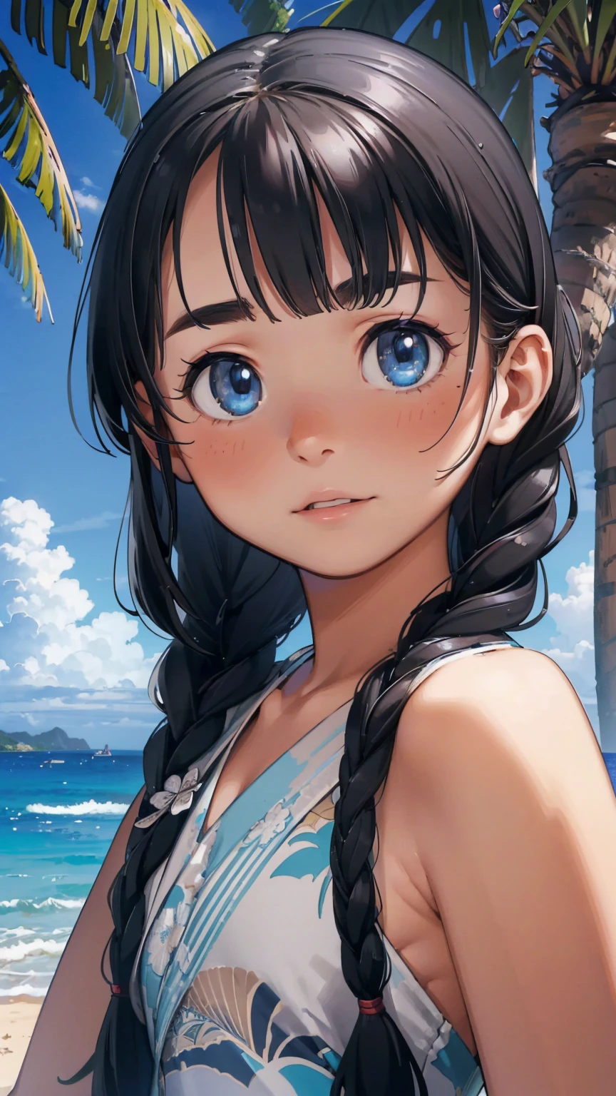 8K quality,(super masterpiece:1.3),highest quality,Detailed Images,1 female,symmetrical beauty,20th Generation,Medium build(Black Hair,Curly Hair,With bangs,Two braids),(Thick eyebrows,Thick eyebrows),(Blue Eyes,blue eyes),(The background is the seaside,beach,Palm tree,Outdoor),(Face directly towards the camera,Looking directly at the viewer,looking at the camera,The body faces the viewer,The body is facing the direction of the camera,Face looking straight into the camera). 