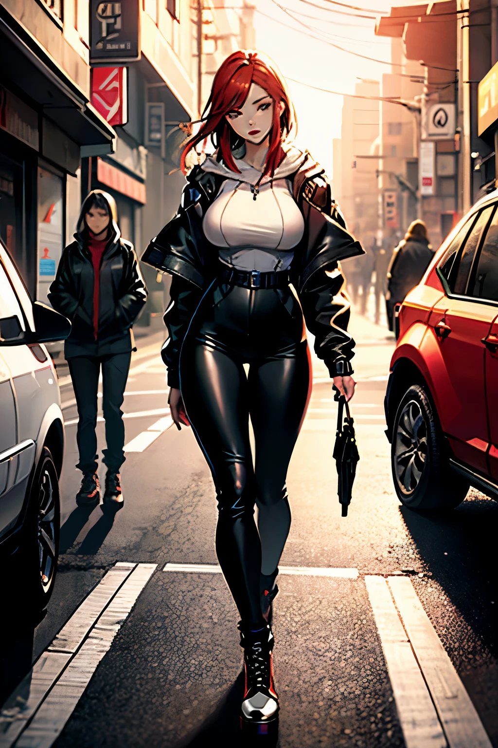 A stunning full-length image of a red-haired woman, her bright eyes shining with intrigue, full red painted lips, chiseled physique and sensual curves with wide hips. She wears a closed black leather jumpsuit, whose shiny surface accentuates her shape. A windbreaker with a hood covers her shoulders and on her feet she wears 15 cm platform shoes. Walking confidently down a busy street, she attracts admiring glances from onlookers. This image exudes realism, capturing the essence of a fragile and embarrassed figure. Digital art, high definition and photorealistic technique