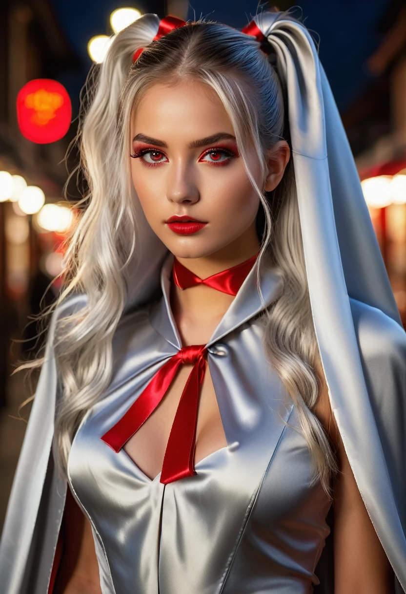 (RAW Photo) , (highly detailed:1.20) , ultra realistic :1.10) ,sexy girl in her 20s , (perfect face:1.20) , (detailed red eyes:1.20) , with long silver hair in ponytail , (((long silver satin cape tied at the neck with a ribbon :1.20))) , naked  , full body, walking down street at night , high-quality ultra realistic style, detailed eyes, professional, expressive , 8K , highly detailed , professional,