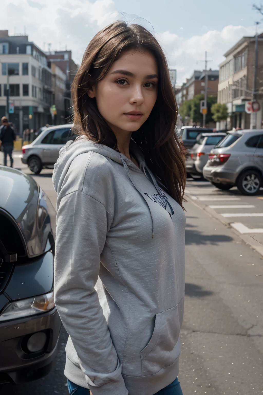 ((best quality)), ((masterpiece)), (detailed), perfect face 1girl, solo Victoria, half body shot of a beautiful brunette wearing a gray hoodie on a city with cars on the background