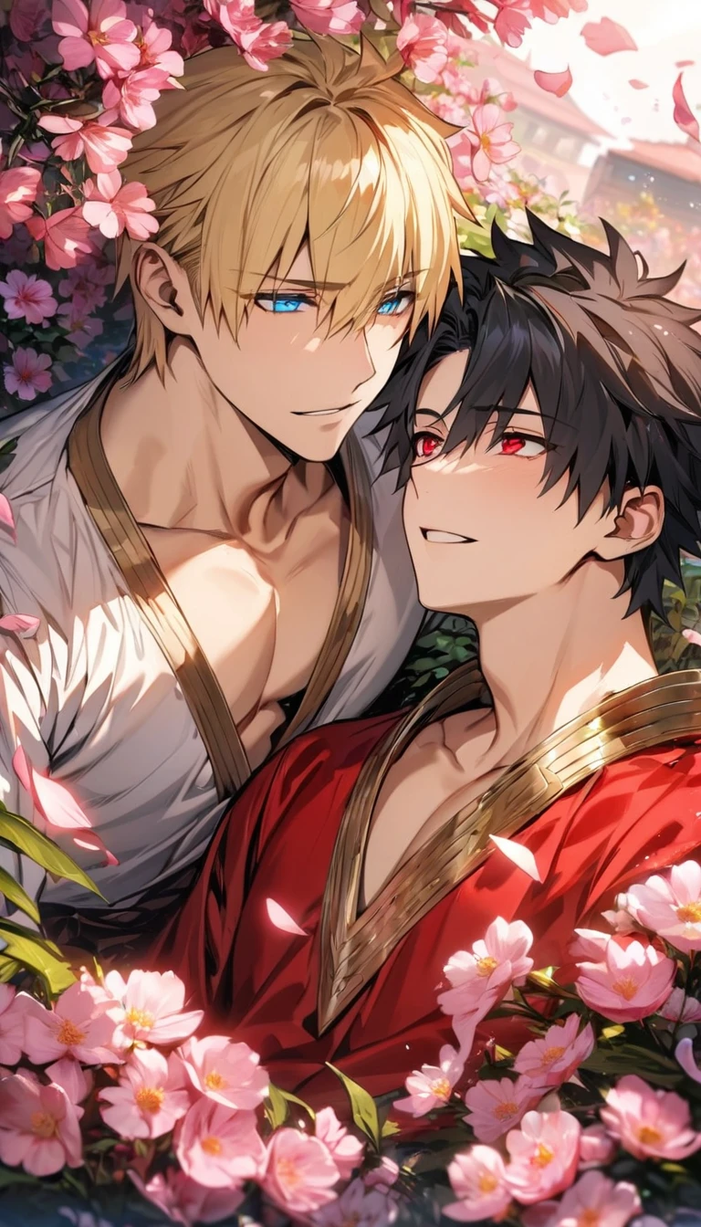 absurdres, highres, ultra detailed, HDR, master piece, best quality, extremely detailed face, delicated features, tanned skin, Asura, black long hair, untamed hair, expressive red eyes, Onmyoji, Taishakuten, ash-blonde hair, short hair, two sexy men together, gay couple, yaoi, handsome, white kimono, red haori, water, blossoms, pink flowers, pink butterflies, fantasy, magic, radiant