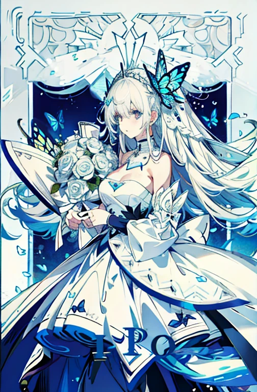 Silver Hair,butterfly,Long white hair,8k wallpaper,Highest Resolution,Deep V Big Tits,Hair above the eyes,Bandeau,Bandeau wedding dress,White Rose,Fitted,livestock,