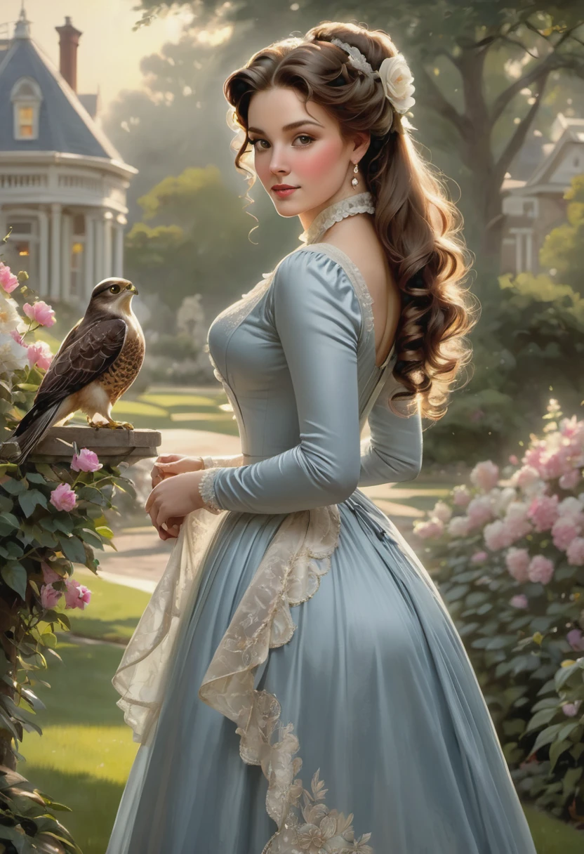 A beautiful Aristacrat woman with large elegant, hawk-like-nose, who embodies old fashioned class, sophistication, elgance as well as wholesome, natural beauty. curvy, thin-waist, wide-hips, swaying-hips. Oppulent historically accurate victorian dress. Greg Rutkowski, Thomas Kinkade
