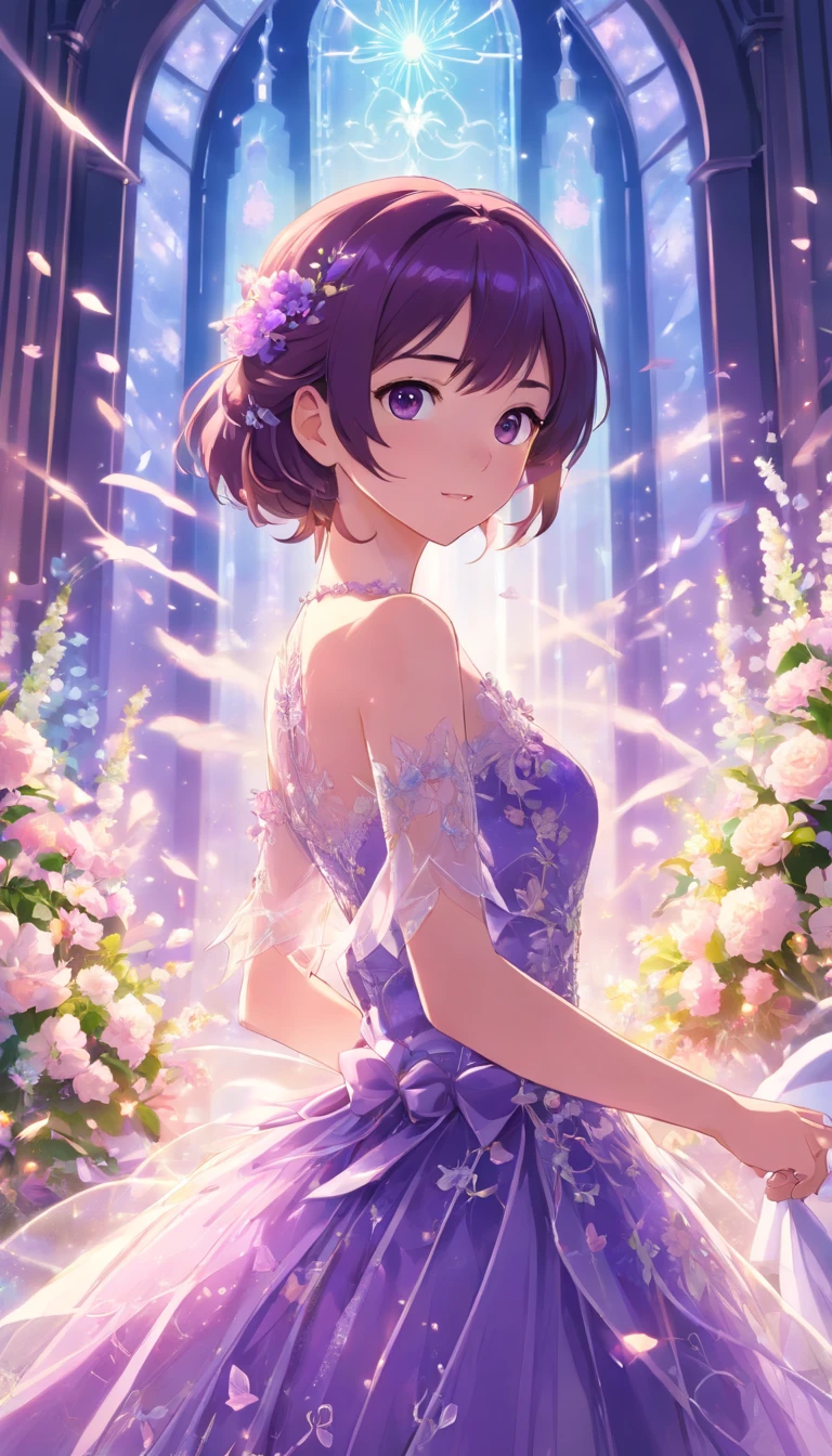 New purple crystal wedding dress is filled with multi-layered tulle, European style white pattern marble background wall, Fairytale palace style, Oversized skirt. The neckline and cuffs are decorated with openwork lace and jewellery, The skirt is decorated with gorgeous flowers and butterflies.. Fantasy, Surreal, High resolution, Very detailed, Realistic, High resolution, Octane Rendering, Cinema Lighting