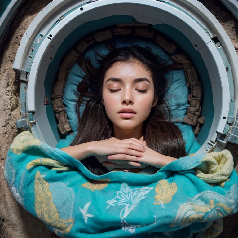 Ancient ruins on extraterrestrial planet, A beautiful girl sleeping in a cold sleep capsule connected to a machine,