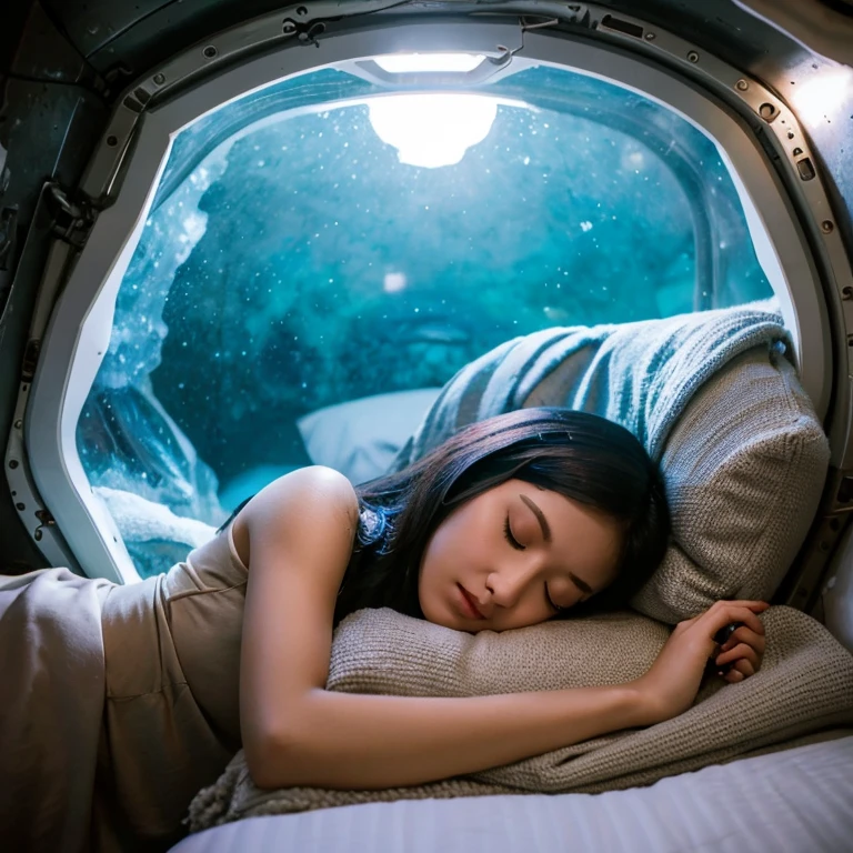 Ancient ruins on extraterrestrial planet, A beautiful girl sleeping in a cold sleep capsule connected to a machine,