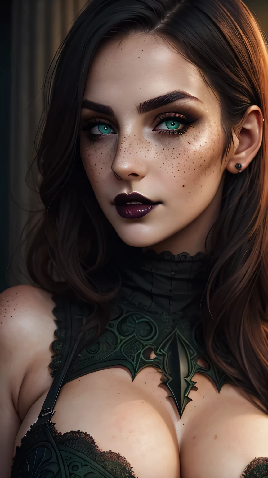 (best quality, hyperdetailed photography:1.2), beautiful lady, freckles, gothic dark makeup, soft light, perfect breast, cover, (detailed beautiful face, detail skin texture, ultra-detailed body:1.1) sexy vampire girl, green eyes, perfect body, 