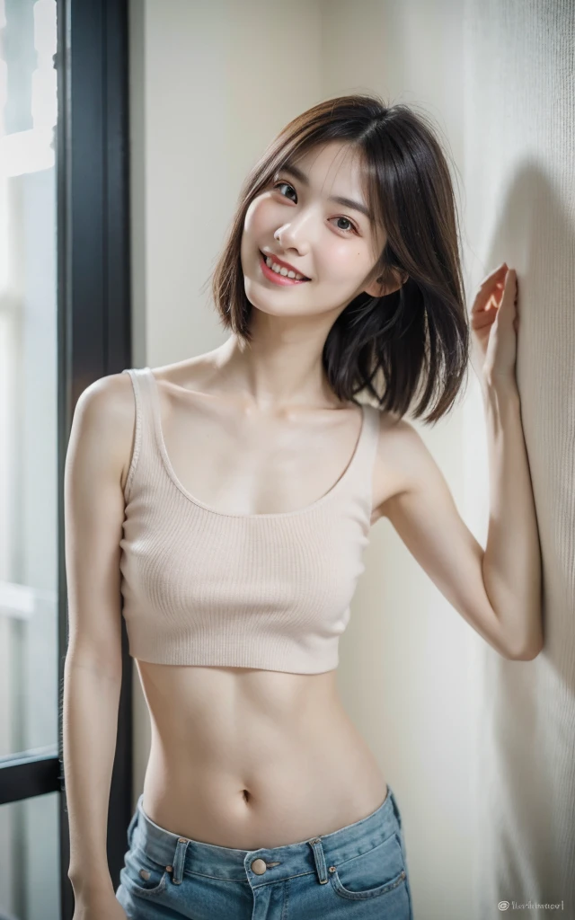 (RAW Photos:1.2), (Photorealistic:1.4),(Complex Details:1.2),(Masterpiece:1.3),(Best Quality:1.4),(Ultra High Definition:1.2), Cinema Lights, Ultra High Definition,(Detailed Facial Features),(Detailed Clothing Features),(Detailed Clothing Features), Sweater, HDR, 8k Resolution, Look Viewer, Skin Tight, (Shiny Skin),( slender girl), dreamy, nsfw, candle, candlelight, white flower,constriction, bedroom, straight hair, long hair, dark hair, light blue eyes, single woman, cute, innocent, (smile), (innocent smile), skinny, indoors, breasts, big tits, big ,masutepiece, Best Quality, 8K, 18 yo, very beautiful Korean young girl, very beautiful face, sweet and cute face, skinny body, slender girl, slim waist, flat belly, beautiful tight round perfect breasts, beautiful tight perfect butt, slim small arms, slim small legs, slim small thighs, white skin, perfect skin,pale and soft skin,Raw photo, Soft light, Professional Lighting, Solo, Smile, close up, Face, close up, Cute, Girly, Goddess, Delicate girl, Neat and clean beauty, Full body, Digital SLR, Candid, Sophisticated, (Eyes and faces with detailed:1.0), Medium short hair swaying in the wind, Bangs, very tight small Tank top, short Pants,Pink sneakers, in bedroom, standing,lift her hands up the wall, beautiful E cup size breasts , without bra