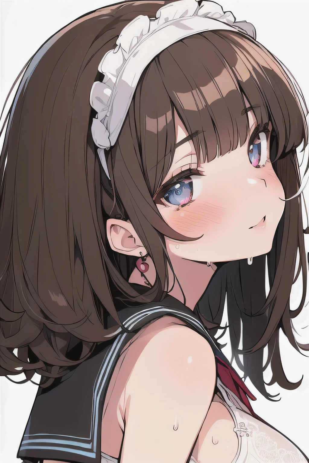 (best quality), (Super detailed), (Best Illustration), nsfw, (1woman), look at viewer, from side, (Ahegao:1.2), (show off bra:1.3), (white serafuku), (very big Breasts:1.2), {brown hair, (bob cut:1.2), curly hair, hairs between eyes}, {(detailed eyes), heart-shaped pupils, blue eyes}, blush, sweat, steam, earrings, flower hairband, (white background:1.3),