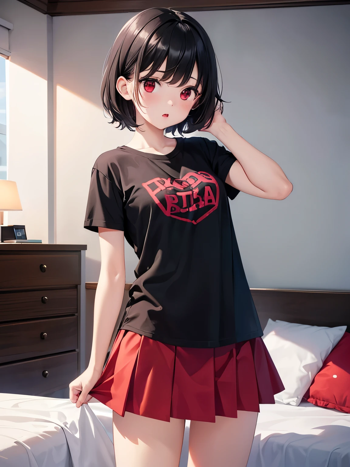 1girl,baby,5 years old, cute,girl, short hair, black hair,red eyes,T-shirt and short skirt,shocked expression,half body photo, ultra HD, ultra detailed , masterpiece 