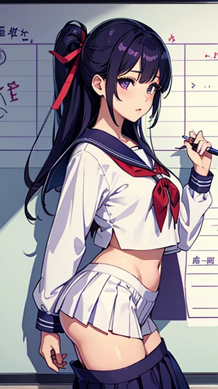 high quality、（whole body、woman、Sailor suit、I have a pen、skirt、Flipping、Pants with purple ribbon、Panties in full view、Erotic）background((Whiteboard))Written boundary depth、beautiful