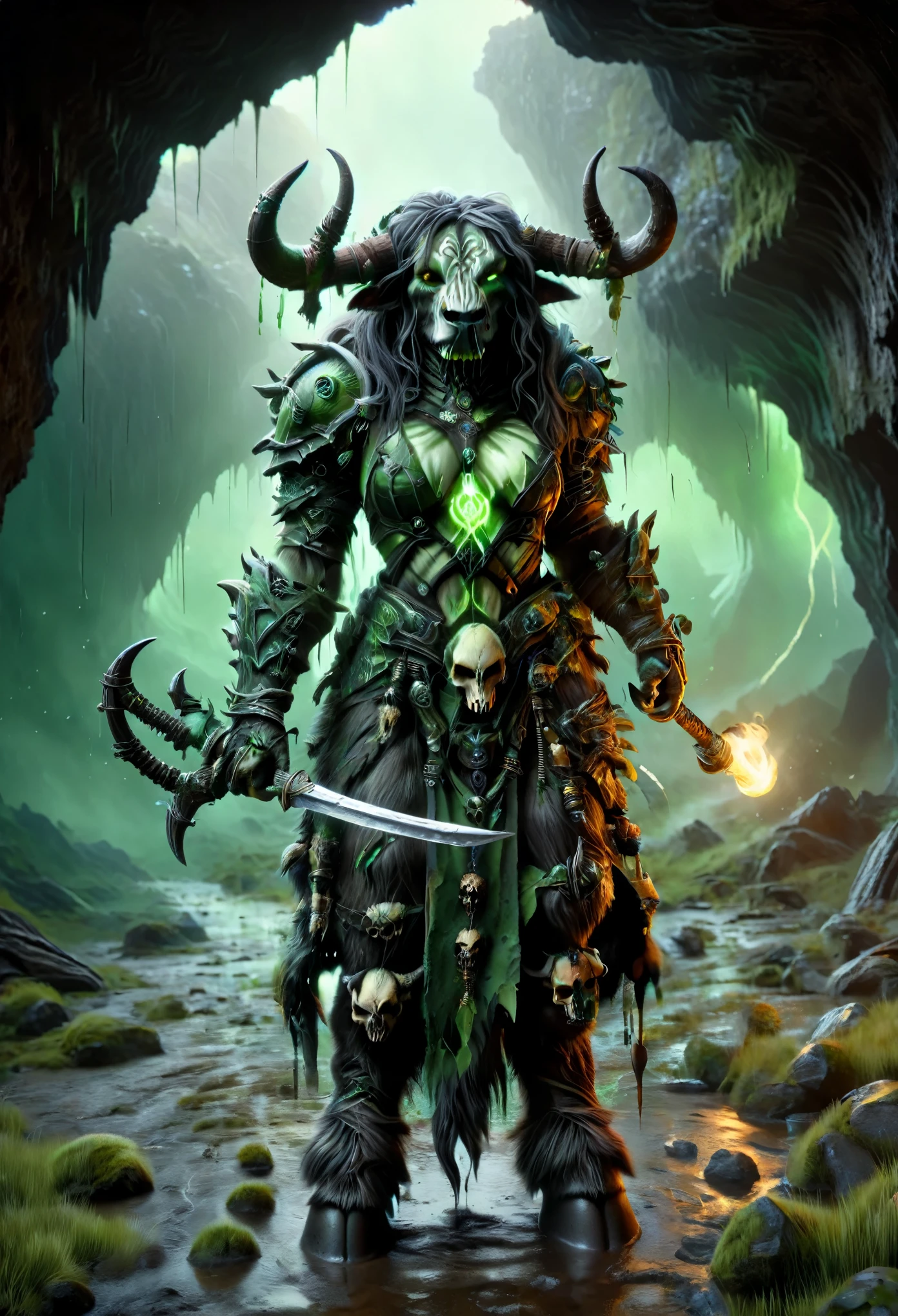 tauren, female tauren death knight, death knight outfit, Heavy armor with skulls, Heavy armor, dark theme, holding a sword in front of his body, war paint on her face, big horns, Standing in a cave, in dripping puddles of glowing green mud, high saturation background