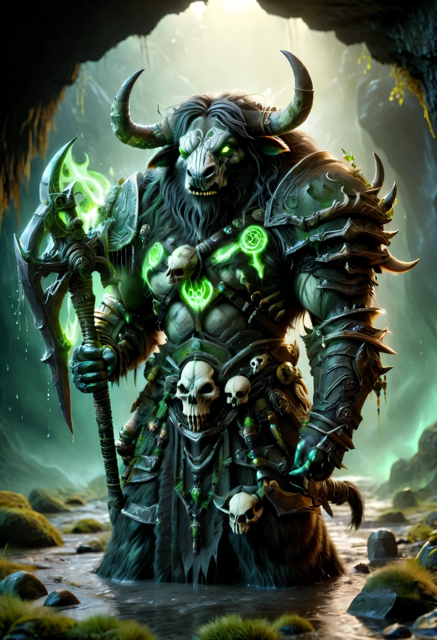 tauren, female tauren death knight, death knight outfit, Heavy armor with skulls, Heavy armor, dark theme, holding a sword in front of his body, war paint on her face, big horns, Standing in a cave, in dripping puddles of glowing green mud, high saturation background