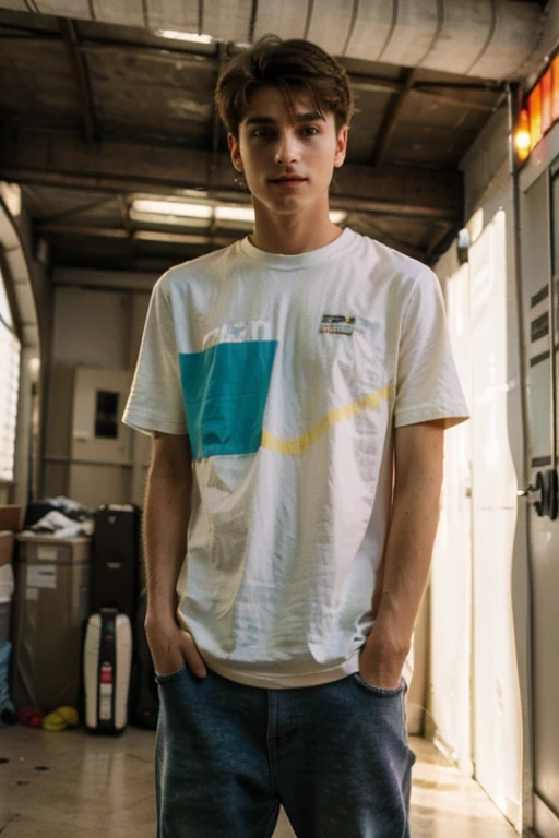 Un homme twink mignon de 19 ans d'1m74 assez fin. Il porte un t-shirt multicolore très ample en boule et se cache derrière un mur dans un hangar. Il a le regard apeuré. There is a light from the sunset reflecting on his skin.