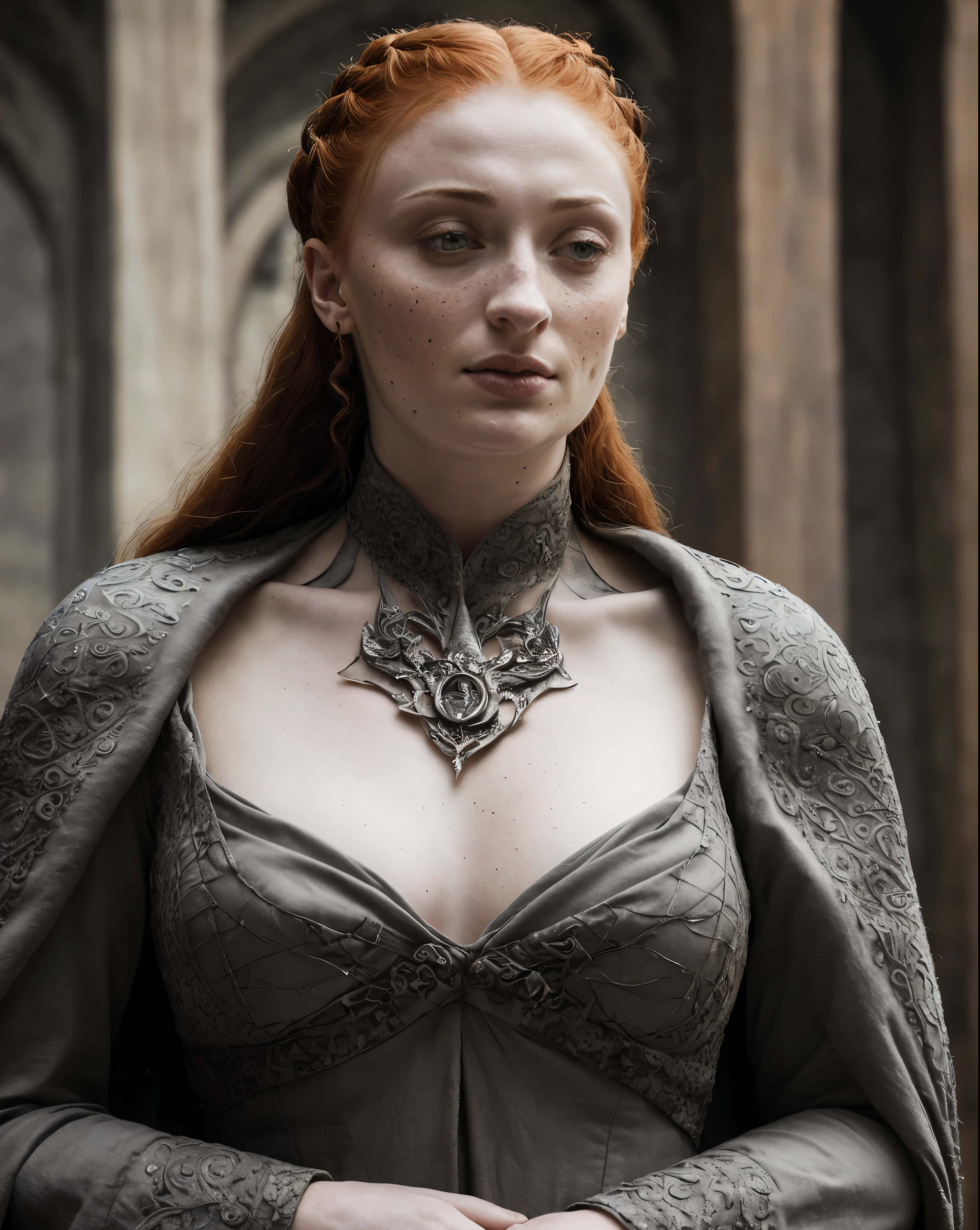 ( Photograph of Sophie Turner as hot queen ) (random photo, plump face, full body shot, thick figure, fleshy body, tall woman ) Alayne Stone, Gorgeous Woman, Thick figure, fleshy body, juicy lips, dynamic lighting, insane details, high level of edits, Queen, queen lady, Lady of Winterfell, Wardeness of the North,) the de facto Lady of the Eyrie, 40 years Old, she  a Full growned mature lady now, beautiful mature lady, the queen, milf beauty, mature queen, a captivating woman, beautiful queen, empress, mediaeval queen, alluring appearance, unrivaled beauty, , mediaeval erotic costumes, a Game of Thrones-inspired costume, a close-up of a woman from the middle ages, scene from "Game of Throne," deep cleavage, warrior princess, healthy body, perfect thick body, attractive figure, fleshy body, style of "Game of Throne,", stunning woman, dress made of leather  clothe ( ( insanely detailed realistic skin texture, pores, wrinkles ,freckles) , realistic environment, detailed ultra realistic facial features perfect body parts, ( hyper photorealistic) )