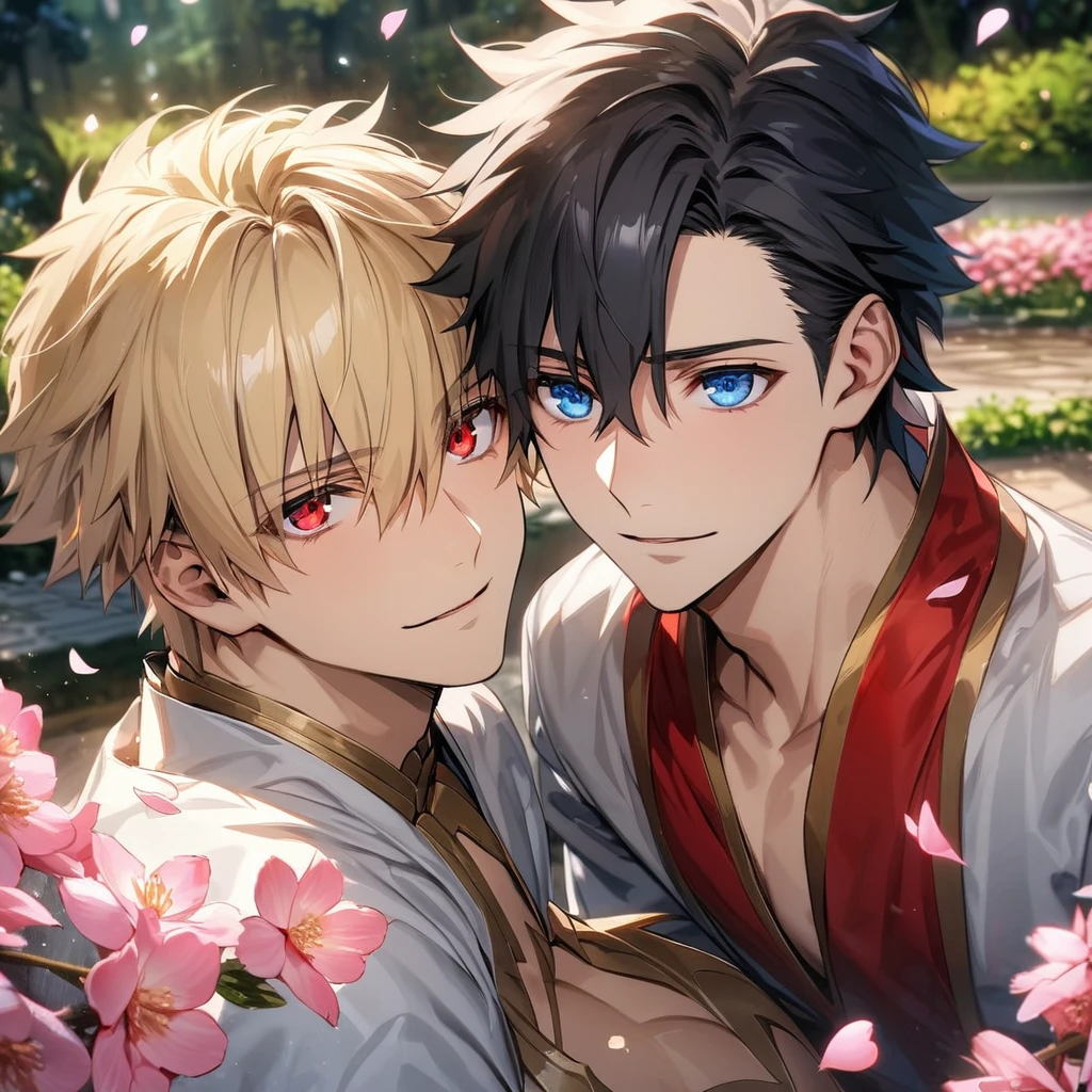 (absurdres, highres, ultra detailed, HDR), master piece, best quality, perfect face, delicate features, beautiful eyes, expressive red eyes, Gilgamesh, blond short hair, Fate Grand Order, Fujimaru Ritsuka, black hair, expressive blue eyes, white clothes, red clothes, two men together, gay couple, handsome, pink flowers, pink petals, pink butterflies, garden, blossoms
