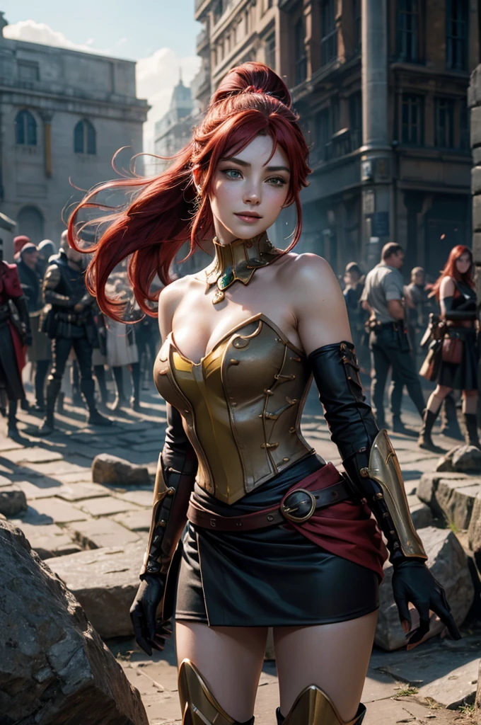 stunning girlfriend, heart shaped face, elegant face, beautiful face, highly detailed face, highly detailed skin, skin pores, subsurface scattering, realistic pupils, full lips, detailed background, depth of field, atmospheric perspective, volumetric lighting, sharp focus, absurdres, realistic proportions, good anatomy, (realistic, hyperrealistic:1.4), 16k hdr, ((best quality)), ((highly detailed)), absurdres, (detailed eyes, deep eyes), (1girl), full body, pyrrha nikos, rwby, red hair, ponytail, green eyes, medium breasts, smile, circlet, bustier, bare shoulders, skirt, elbow gloves, bracers, armored boots, standing, on mountain side, crowd